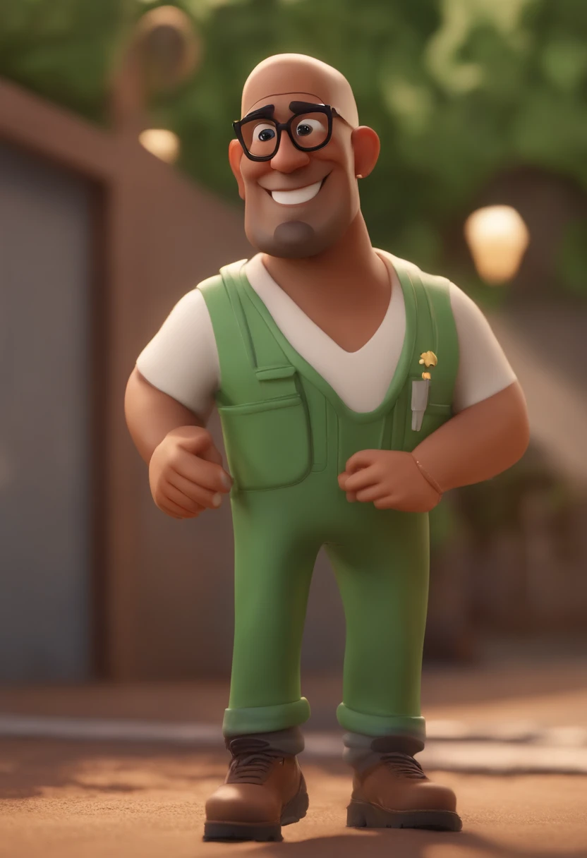 Cartoon characters of a man with shaved head with black glasses, cerca de 40 anos, baixa estatura e vestindo uma camiseta do time de futebol paulista, The man is on the sidewalk of his house cleaning up the trash , animation character, Caracteres, Estilizado, animation style rendering, 3D Estilizado, Arnold Maya render, 3 d render stylized, toon render keyshot, Personagem 3D, Personagem 3D, 3d rendering stylized, 3 d character render, personagem de desenho animado, Personagem de close up, Pose de personagem, (Estilo Pixar) (master part:1.2) (Bokeh) (best quality) (pele detalhada) (textura detalhada) (8k) (argila) (Cinematic lighting) (foco nítido