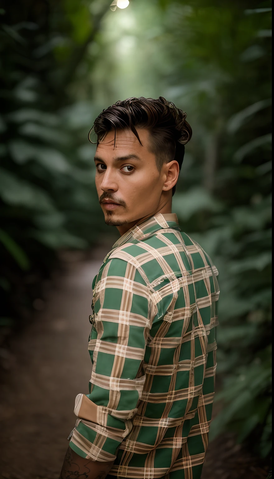 masterpiece, johnny depp walking through jungle at night among fireflies, (high detail:1 1), rough face, natural skin, high quality, nsfw, beautiful eyes, (detailed face and eyes), (face: 1 2), noise, extra, real photo, PSD, lamp film photography, sharp focus, contrast lighting, detailed skin, high resolution 8k, crazy detail, realistic, professional photography, 8k UHD, SLR camera, soft lighting, high quality, film grain, Fujifilm XT3