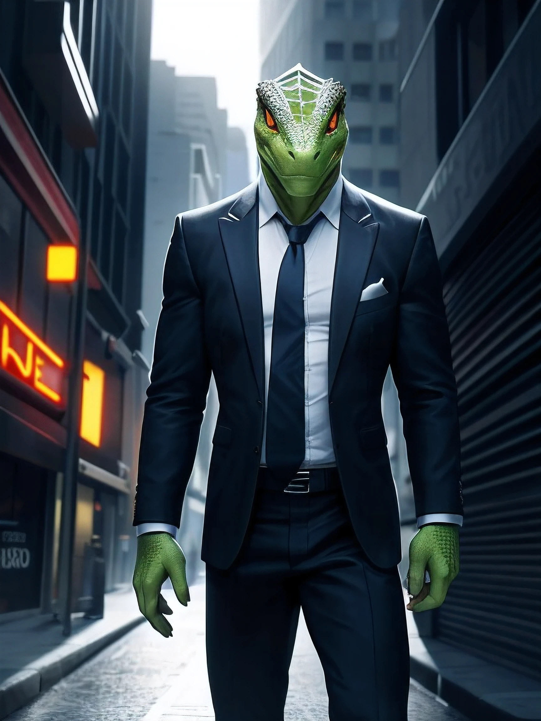"A photorealistic depiction of an evil, muscular lizard wearing a harlista-style suit. The lizard should be portrayed with a threatening look and a powerful posture, llevando una chaqueta de cuero con detalles de motociclista, gafas de sol oscuras y botas robustas. The background should be an urban and dark environment, resaltando el aura misteriosa del lagarto. Lighting should be intense and dramatic, creating a sinister atmosphere. The camera shot should be a half-length shot, capturing the details of the Harlista-style costume and the intimidating expression of the lizard. Resolution should be 8K or higher to show fine details of lizard scales and suit details. The rendering style should be professional and polished, Suitable for an adventure book cover or movie poster. Artistic inspiration can be taken from photographs of reptiles and dark cityscapes. (((lagarto malvado y musculoso))), (((traje de estilo harlista))), (((entorno urbano y oscuro))), (((intense illumination))), (((toma de medio cuerpo))), (((8K resolution))), (((estilo de renderizado profesional))).»