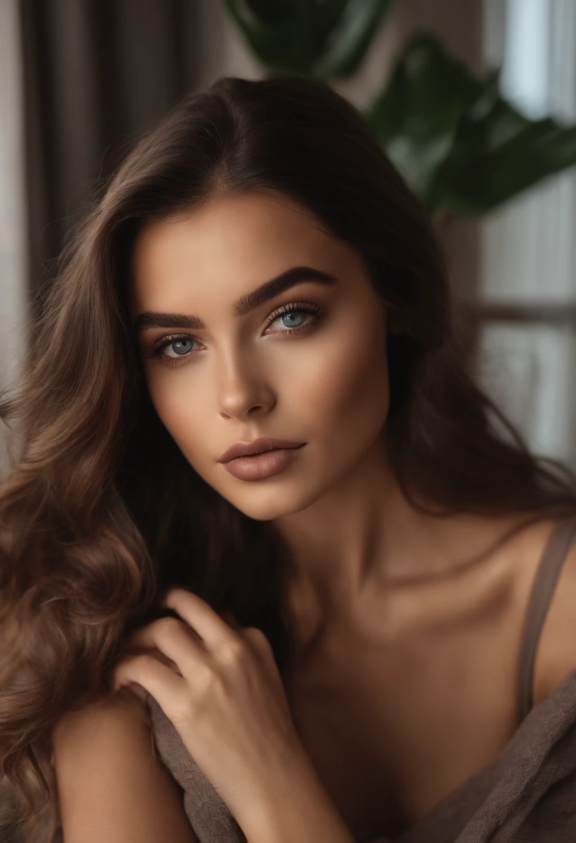 Arafed mujer con ropa negra, Chica sexy con ojos marrones, Retrato Sophie Mudd, brown hair and large eyes, selfie de una mujer joven, Ojos del dormitorio, Violeta Myers, sin maquillaje, Maquillaje natural, staring directly into camera, cara con artgram, maquillaje sutil, Impresionante foto de cuerpo completo, on a balcony with mountains behind her, escote pechos medianos