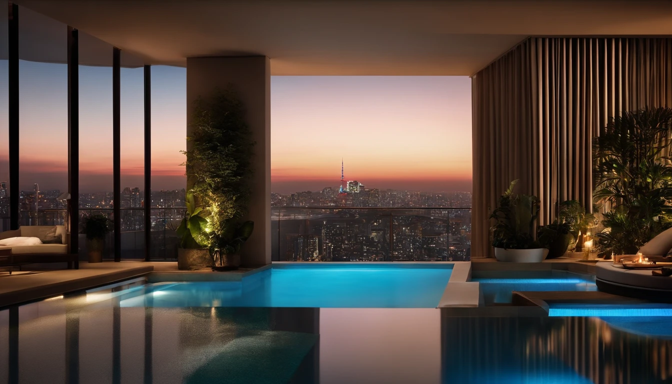 (((tokyo at night)),((Super luxury tower condominium)),The stunning night view is super beautiful.,((The open-air living room on the hill is a large open balcony)),Moody peppermint blue pool,((A strong blue light illuminated from the bottom of the pool surrounds the area)),(High-quality poolside flooring),Almofadas para relaxamento,(Vista noturna colorida),4k,Uma qualidade de imagem ultra-alta,Luxury Space,Moody Indirect Lighting,Houseplant,rico,rico,Vip,Momentos Vip