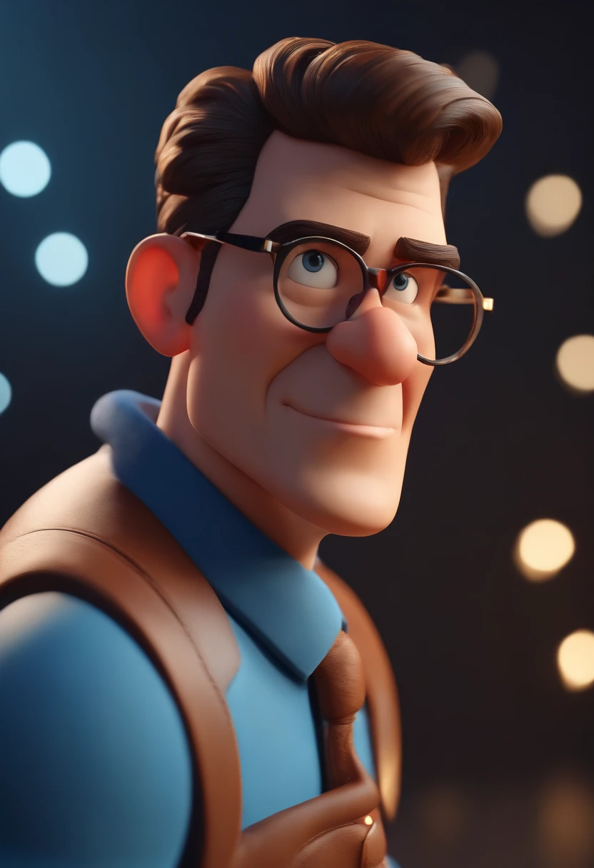 Cartoon character of a man wearing black glasses and a blue shirt, um personagem animado, Caractere estilizado, animation style rendering, 3D estilizado, Arnold Maya render, 3 d render stylized, toon render keyshot, Personagem 3D, Personagem 3D, 3d rendering stylized, 3 d character render, personagem de desenho animado, Personagem de close up, Pose de personagem, (Estilo Pixar) (master part:1.2) (Bokeh) (best quality) (pele detalhada) (textura detalhada) (8k) (argila) (Cinematic lighting) (foco nítido，Senta e vaza a parte superior do corpo