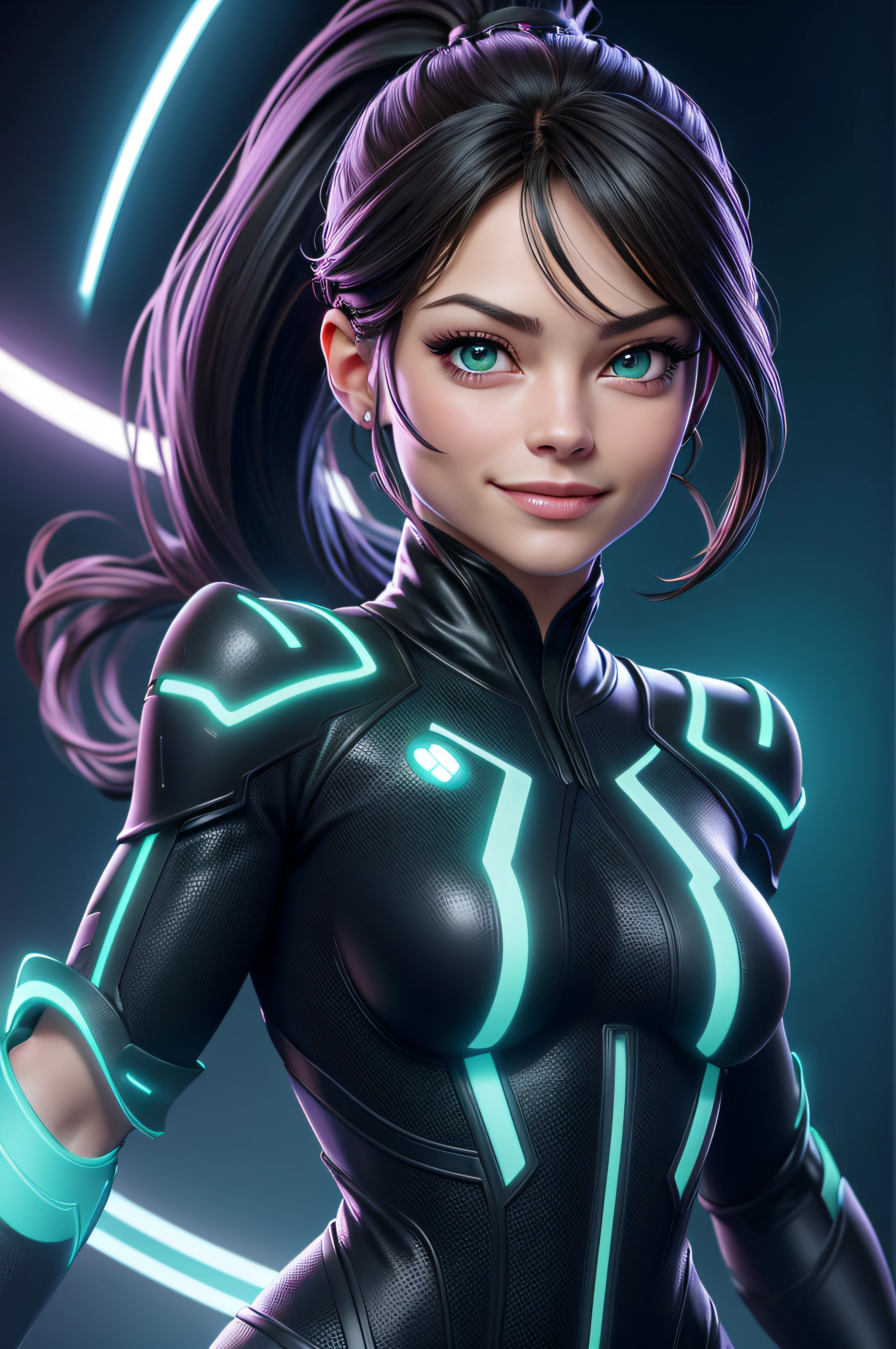 tmasterpiece, Hdr, 4K, 8k, Best quality, Kristin Kreuk with ponytail and green eyes, seins moyens, sourire, Regarder le spectateur, in TRON outfit, background: TRON environment