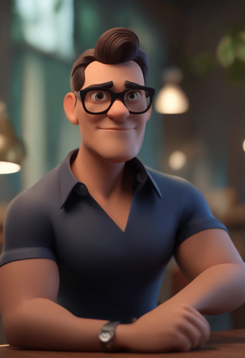 Cartoon character of a man wearing black glasses and a blue shirt, um personagem animado, Caractere estilizado, animation style rendering, 3D estilizado, Arnold Maya render, 3 d render stylized, toon render keyshot, Personagem 3D, Personagem 3D, 3d rendering stylized, 3 d character render, personagem de desenho animado, Personagem de close up, Pose de personagem, (Estilo Pixar) (master part:1.2) (Bokeh) (best quality) (pele detalhada) (textura detalhada) (8k) (argila) (Cinematic lighting) (foco nítido，Senta e vaza a parte superior do corpo