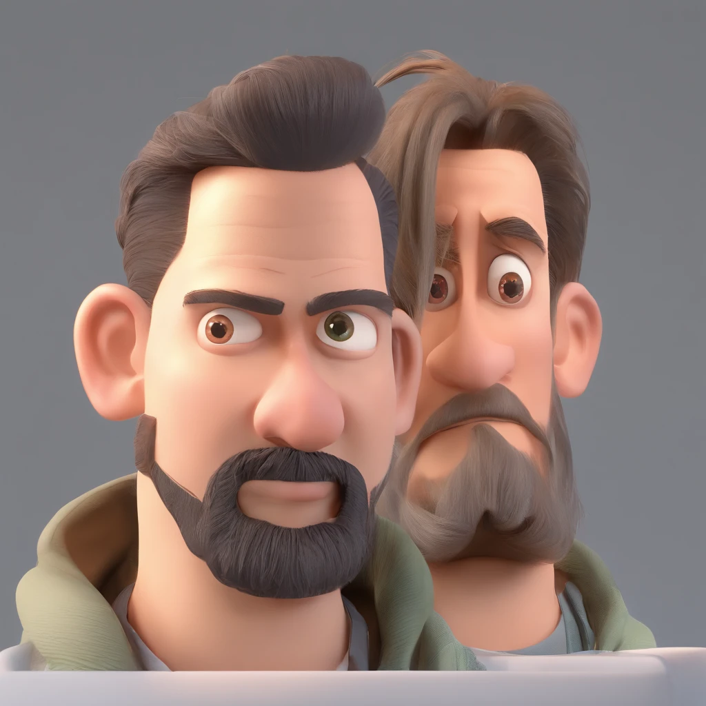 Criar um personagem no estilo Pixar. Trata-se de um homem de 39 anos, com barba, Branco, com cabelos castanhos curtos e um quiff, e olhos castanhos. Ele deve estar na frente de um computador, Trabalhar como designer
