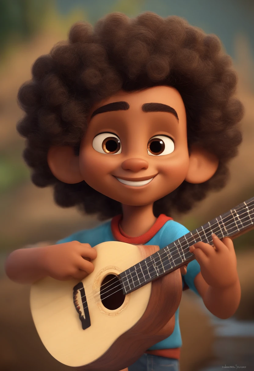 crie um banner no estilo Pixar. A boy with Indian features, moreno pardo com cabelos curtos, Castanhos escuros, Curly and slightly grayish appearance, mas jovem, usando uma camiseta, Wearing jeans and holding a classical guitar with 7 strings.