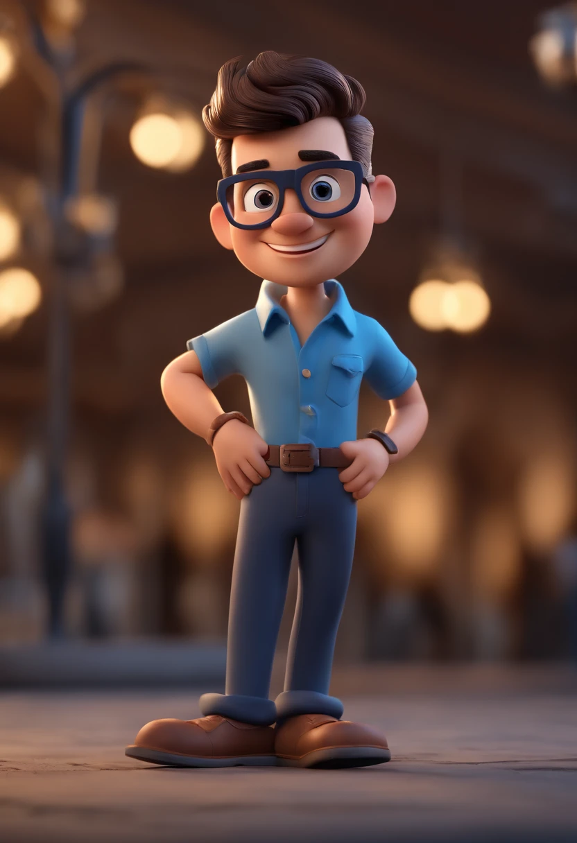 Cartoon character of a man with black glasses and a blue shirt, animation character, Caractere estilizado, animation style rendering, 3D estilizado, Arnold Maya render, 3 d render stylized, toon render keyshot, Personagem 3D, Personagem 3D, 3d rendering stylized, 3 d character render, personagem de desenho animado, Personagem de close up, Pose de personagem, (Estilo Pixar) (master part:1.2) (Bokeh) (best l