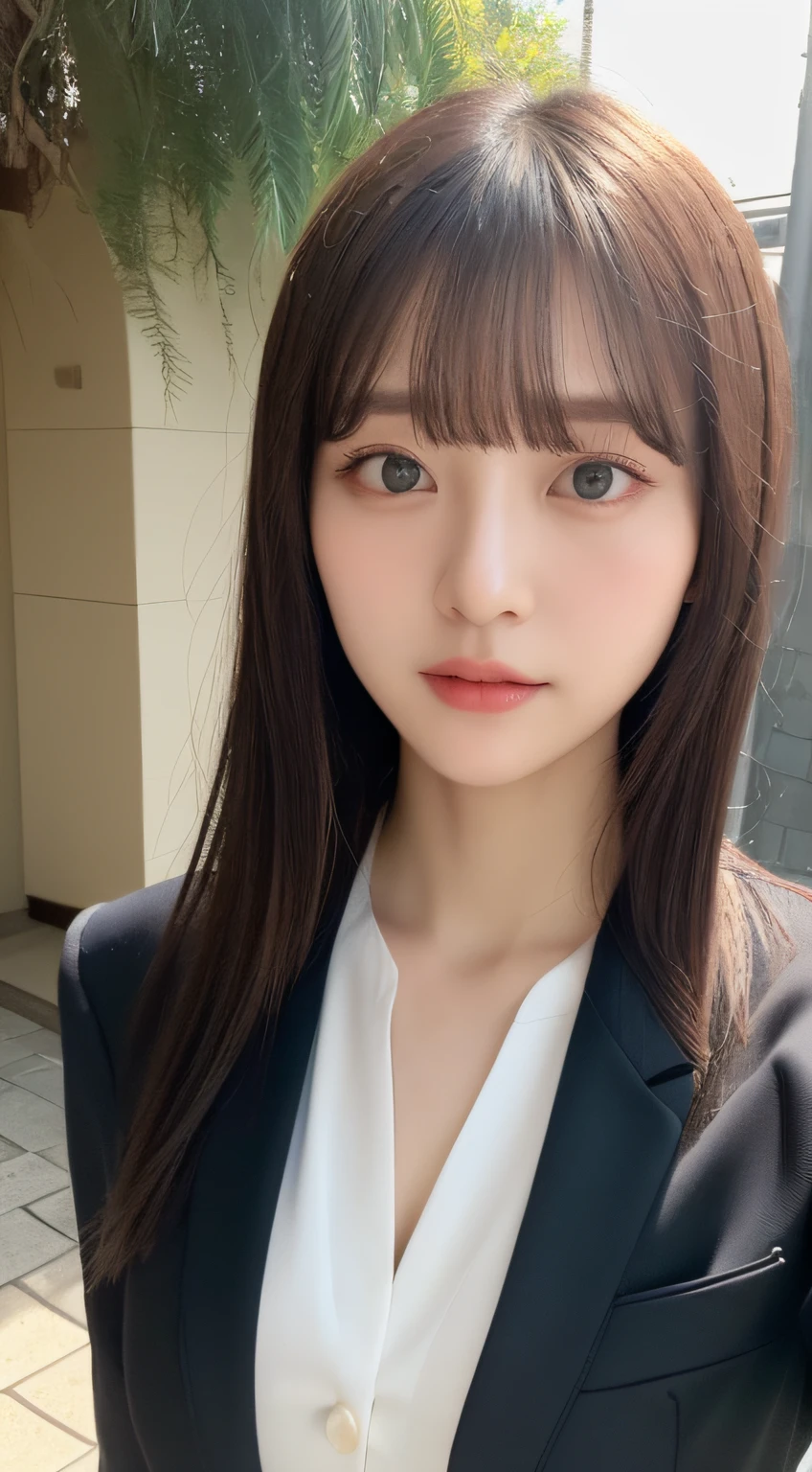 Tabletop, highest quality, shape, Very detailed, finely, High resolution, 8k wallpaper, Perfect dynamic composition, Beautiful and beautiful eyes , Sexy Face,Ecstatic face,A face at the peak of sexual arousal,Excited face ,KPOP idol faces,Blur the background,Beautiful and elaborate face、news caster、Grey suit、The surroundings are dark、24-year-old woman