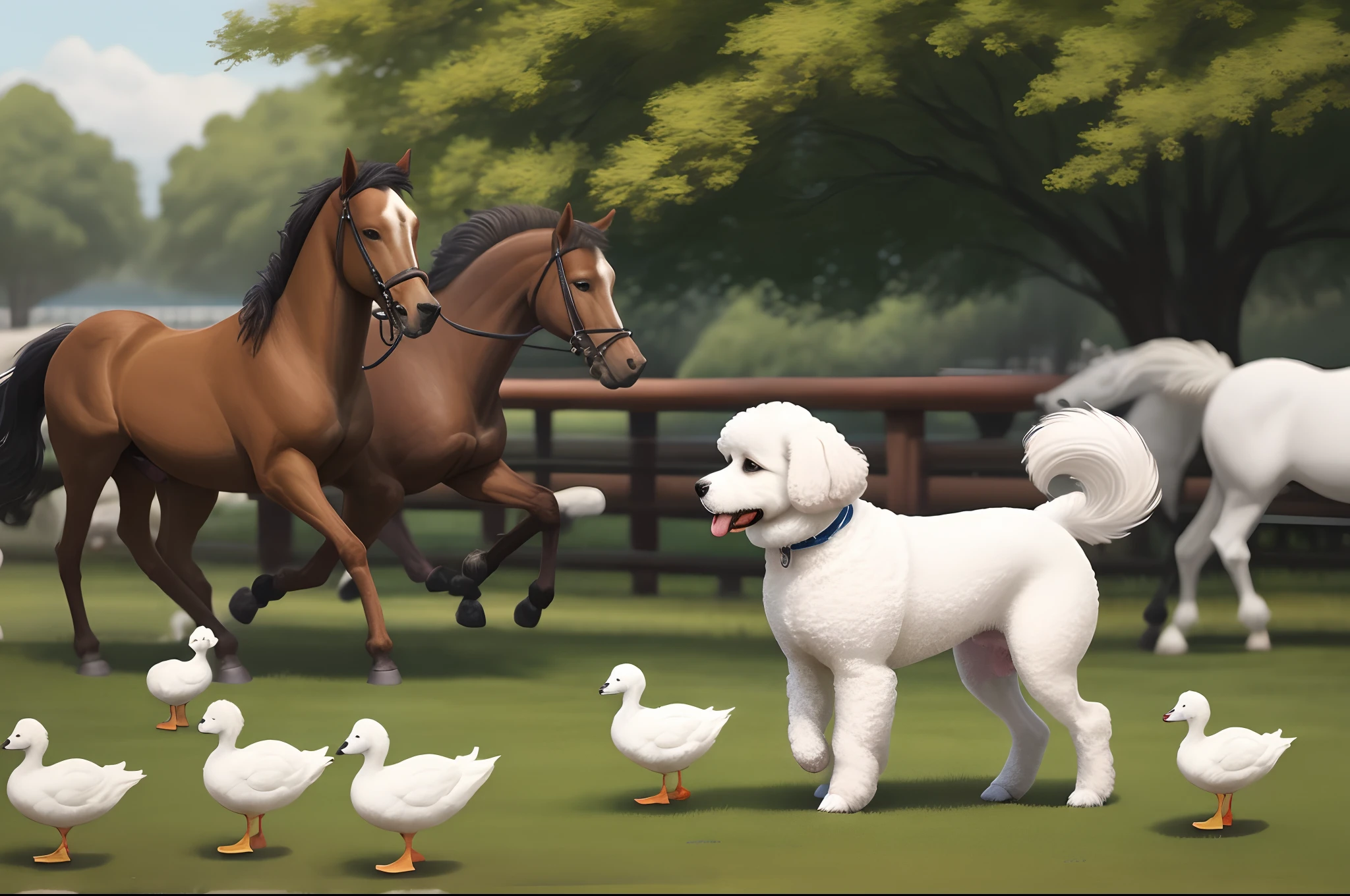 White Bichon Frise dog with ducks and horses