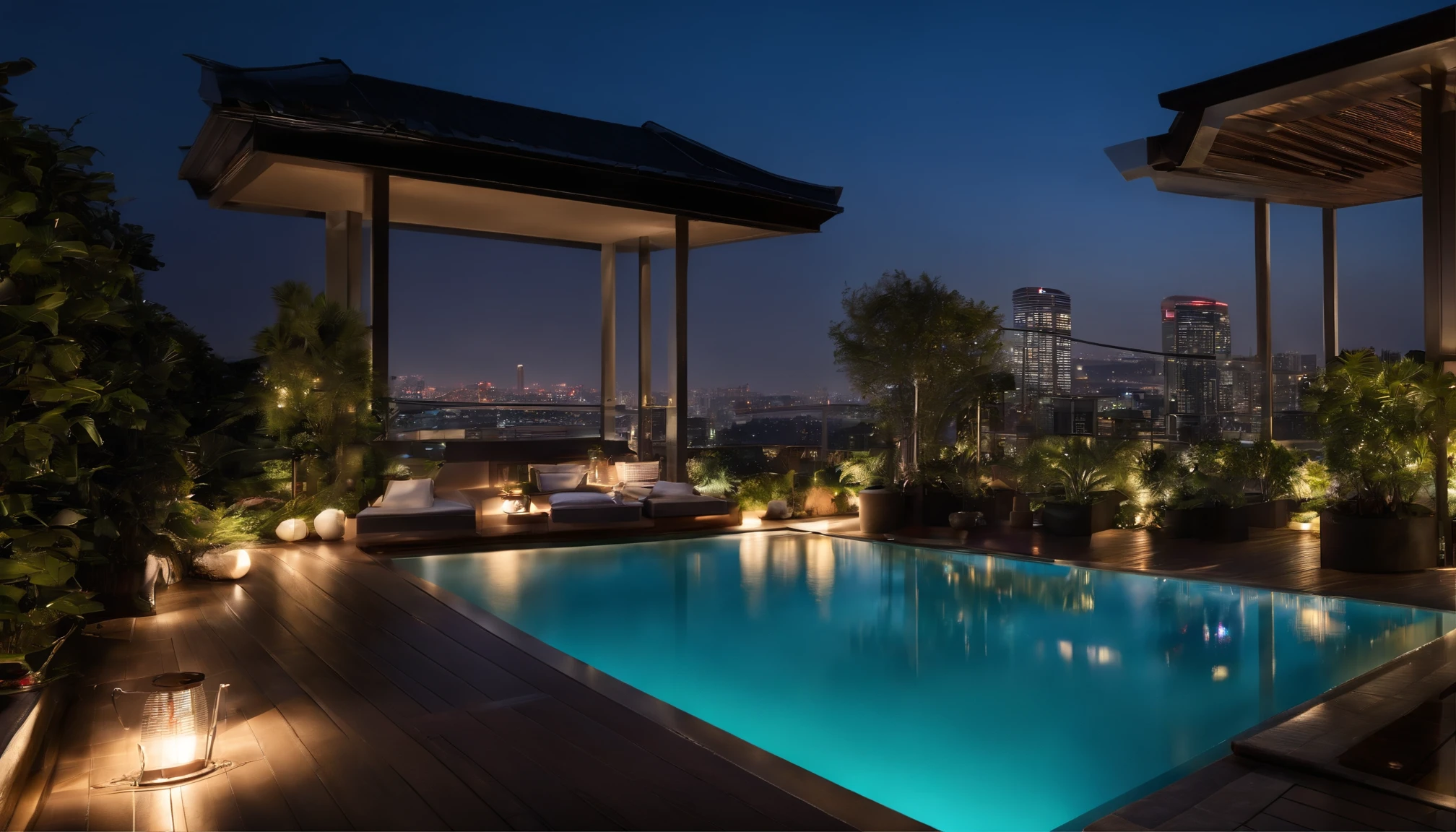 (((Tokyo at night)),((Super luxury tower condominium)),The stunning night view is super beautiful.,((The outdoor living room on the hill is a large open veranda)),Moody peppermint blue pool,((A strong blue light lit up from the bottom of the pool envelops the area)),(High-quality flooring by the pool),Cushions for relaxation,(Colorful night view),4k,An ultra-high picture quality,Luxury space,Moody indirect lighting,houseplant,rich,Rich,VIP,VIP Moments