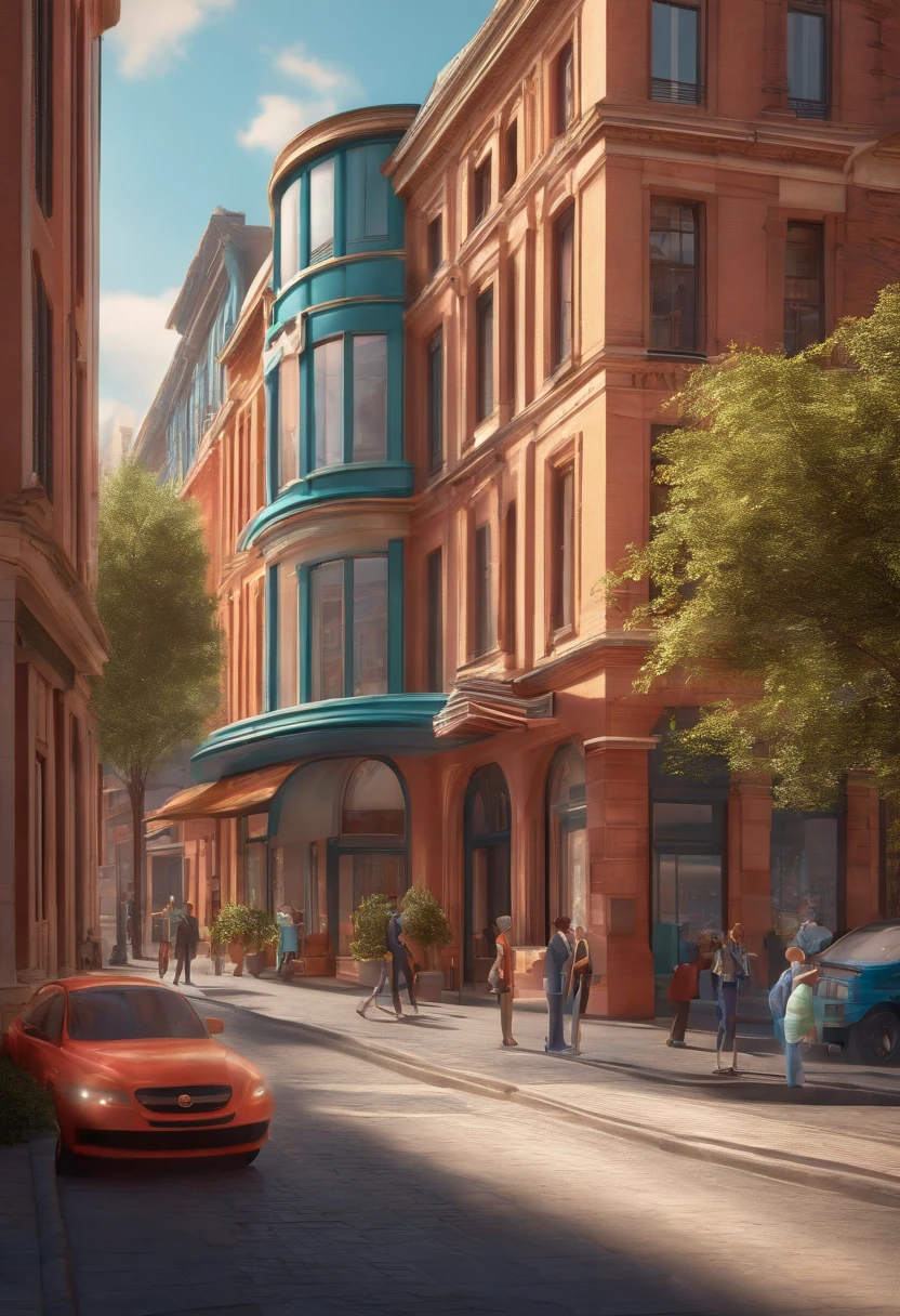 Pixar 3D-style drawing of a slimming clinic in the city center with a character in the foreground