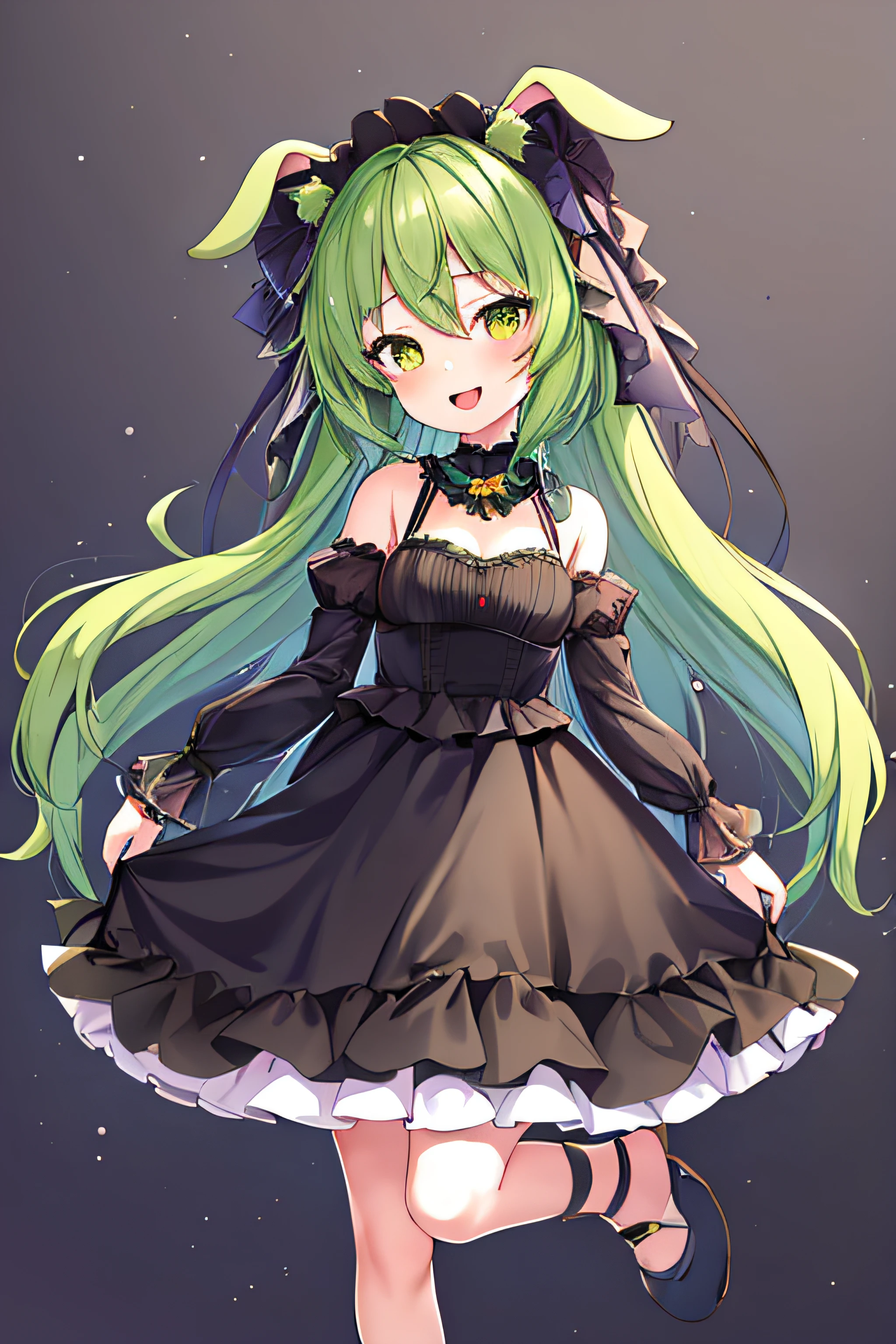 Full body, Upright, Arms at sides, Looking at Viewer, Simple background, 1girl in, Open mouth, Smile, Virtual Youtuber,Green hair,Hair with gradation、Pig ears、Goth Loli Fashion