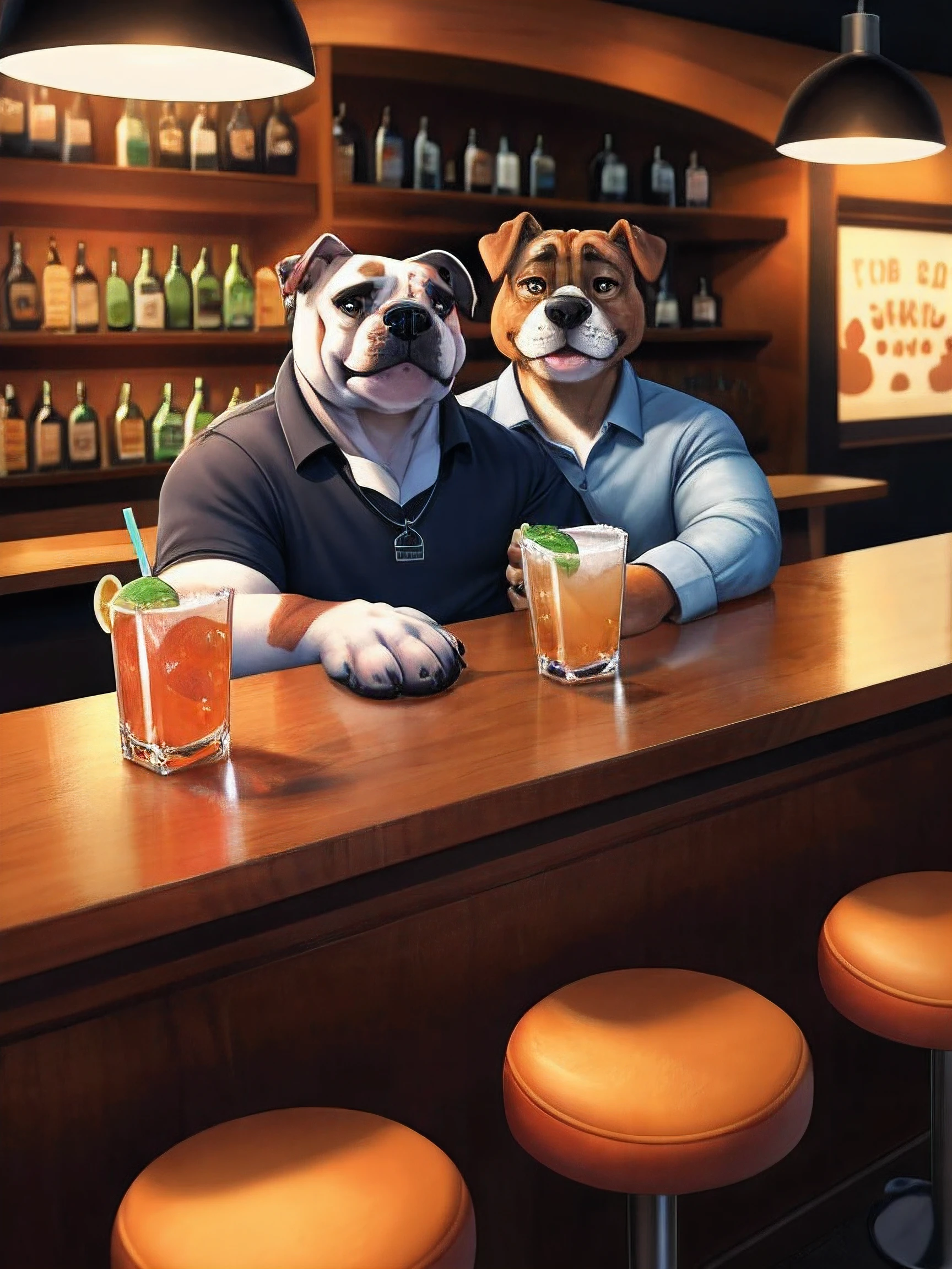 «»A photorealistic portrayal of a friendly and social bulldog enjoying a non-alcoholic drink at a dog-friendly bar. The bulldog should be depicted in a laid-back and cheerful manner, sitting at a bar counter with a mocktail or a bowl of water in front of it. The bar can have a dog-friendly theme, with other canine patrons around, all enjoying their own drinks or treats. The background should be a welcoming and vibrant bar setting, with colorful decorations and happy vibes. The lighting should be warm and inviting, creating a friendly atmosphere. The camera shot should be a medium shot, capturing the bulldog's adorable features and the fun environment of the bar. The resolution should be 8K or higher to showcase the fine textures of the bulldog's fur and the details of the bar setting. The render style should aim for a professional and polished look, suitable for a pet-friendly venue advertisement or a heartwarming animal-themed illustration. Art inspirations can be drawn from photographs of happy dogs in social settings and friendly neighborhood bars. (((friendly social bulldog))), (((non-alcoholic drink))), (((dog-friendly bar))), (((warm lighting))), (((medium shot))), (((8K resolution))), (((professional render style))).»