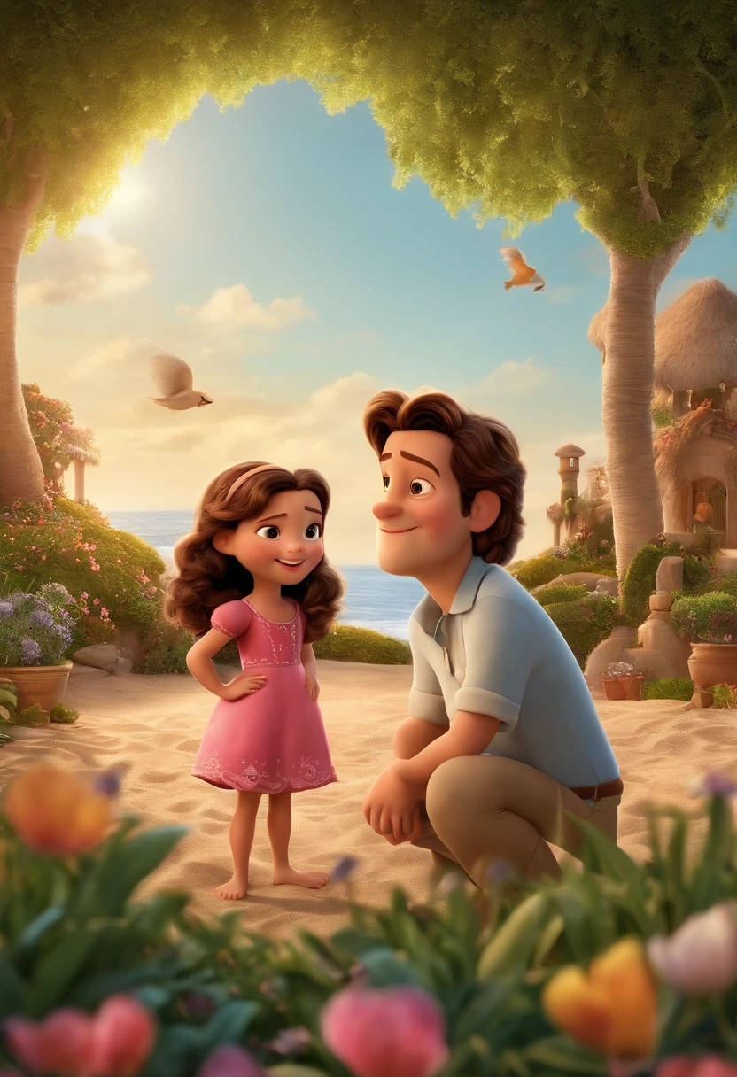 a poster of a Disney Pixar movie that sees a white-skinned family. The father is the tallest, tiene una barba corta, rubio, cabello corto y puntiagudo. Mom has brown eyes and brown hair, a la altura de los hombros y tiene un ligero sobrepeso. The girl is 4 years as brown hair, Atuendo rosa y coletas. The background is a beach garden. Renderizado 3D