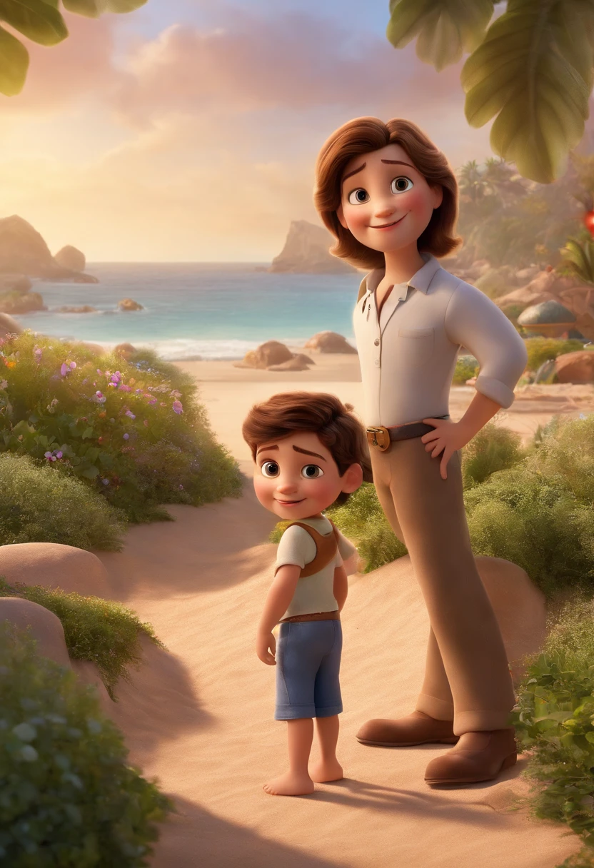 a poster of a Disney Pixar movie that sees a white-skinned family. The father is the tallest, tiene una barba corta, rubio, cabello corto y puntiagudo. Mom has brown eyes and brown hair, a la altura de los hombros y tiene un ligero sobrepeso. The little girl is 4 years old and has brown hair, Atuendo rosa y coletas. The background is a beach garden. Renderizado 3D