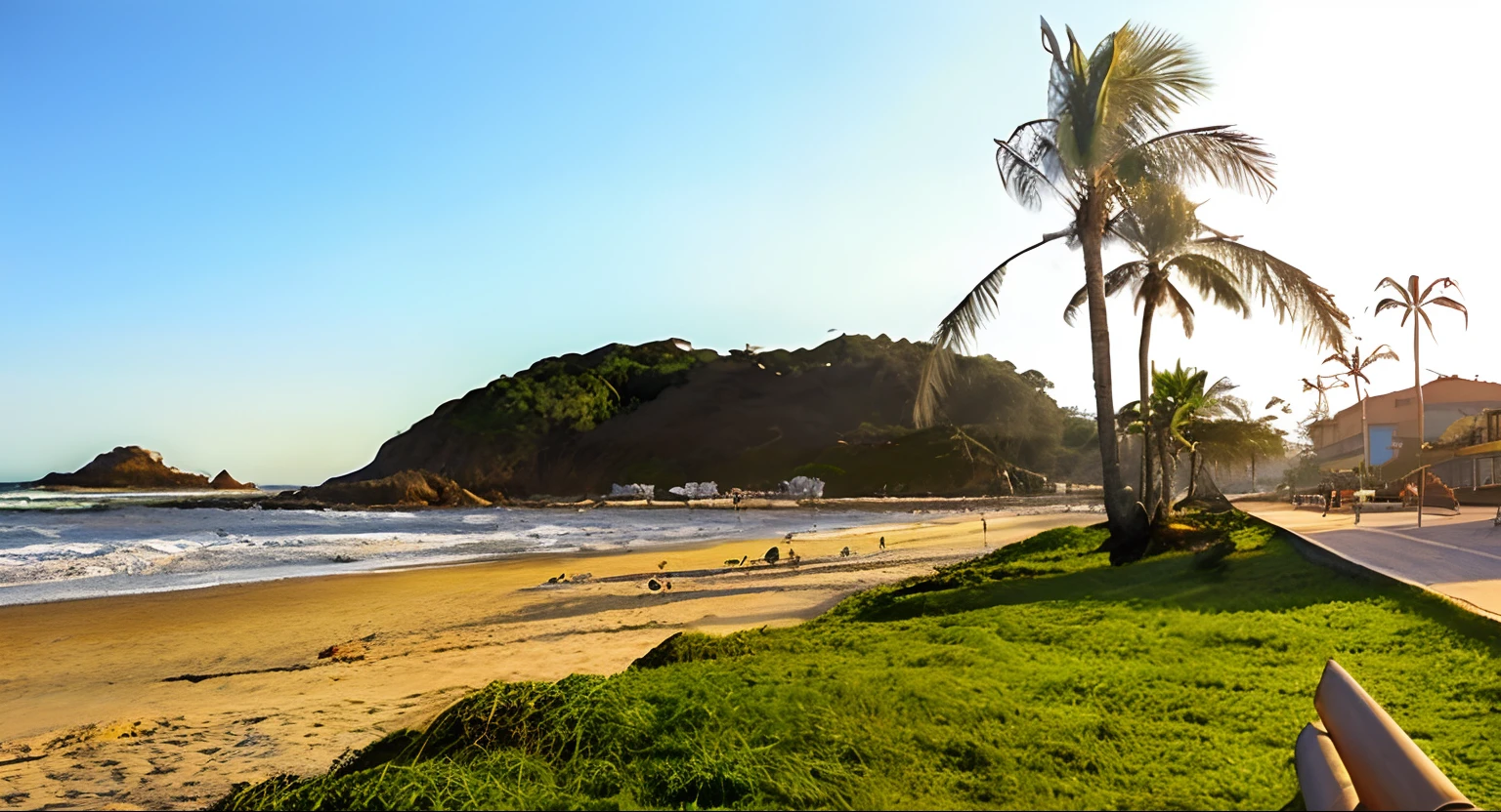uma imagem no estilo pixar, de uma grande faixa de area e asfalto ao lado da praia