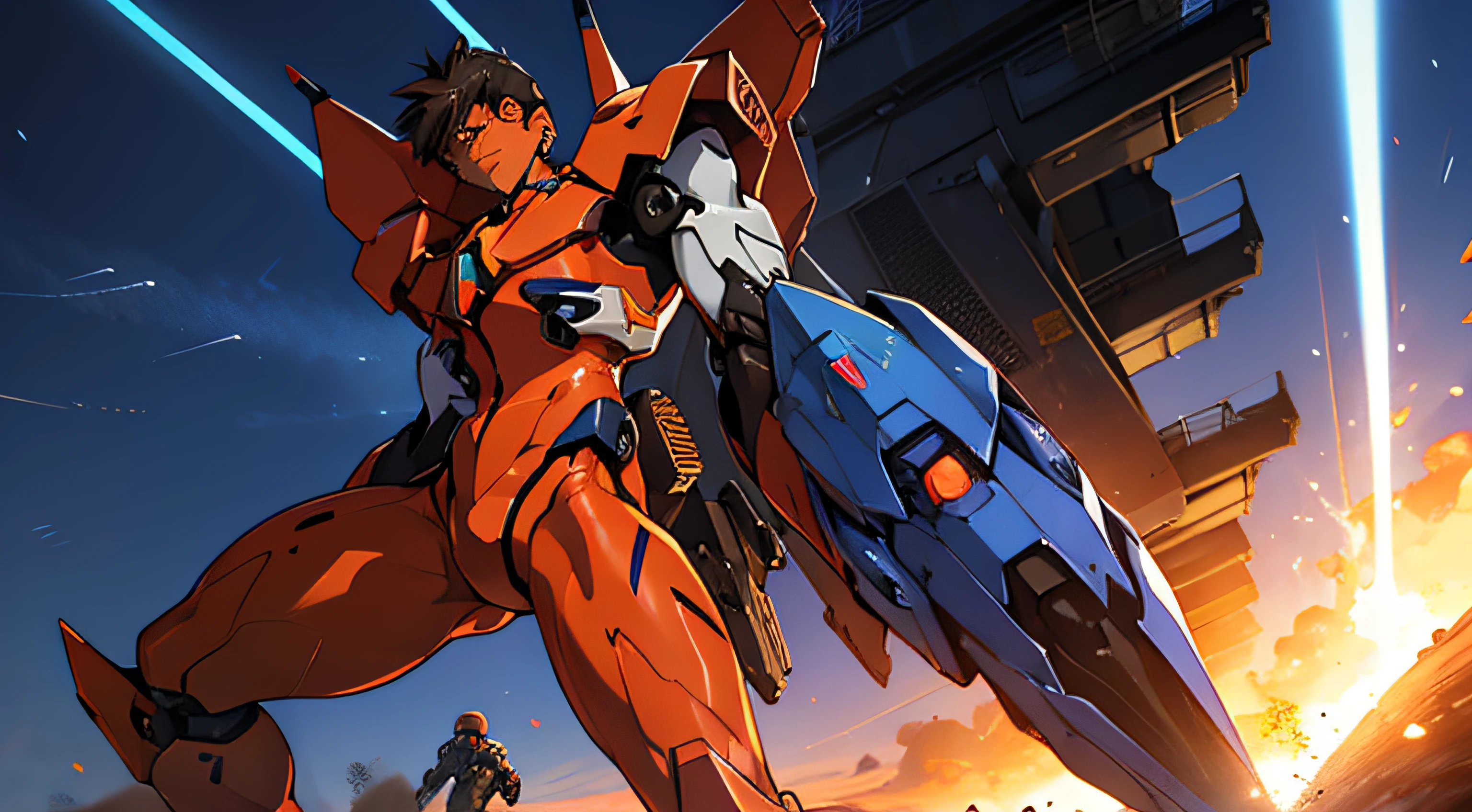 evangelion style, 1mecha shooting blue laser gun, orange Armour