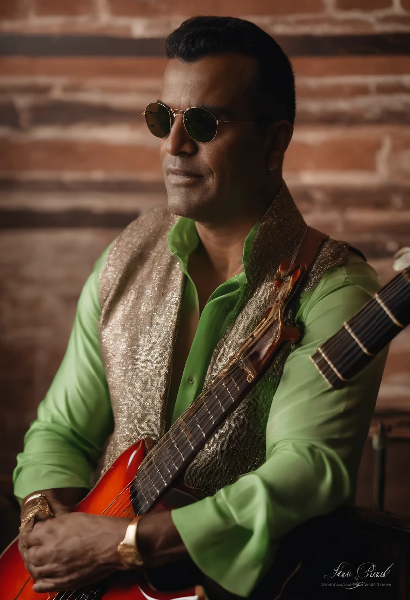 Homem loiro 43 anos, cabelo curtinho, olhos verdes, tocando um contra-baixo modelo trbx305 da Yamaha de 5 cordas na cor vermelha!,