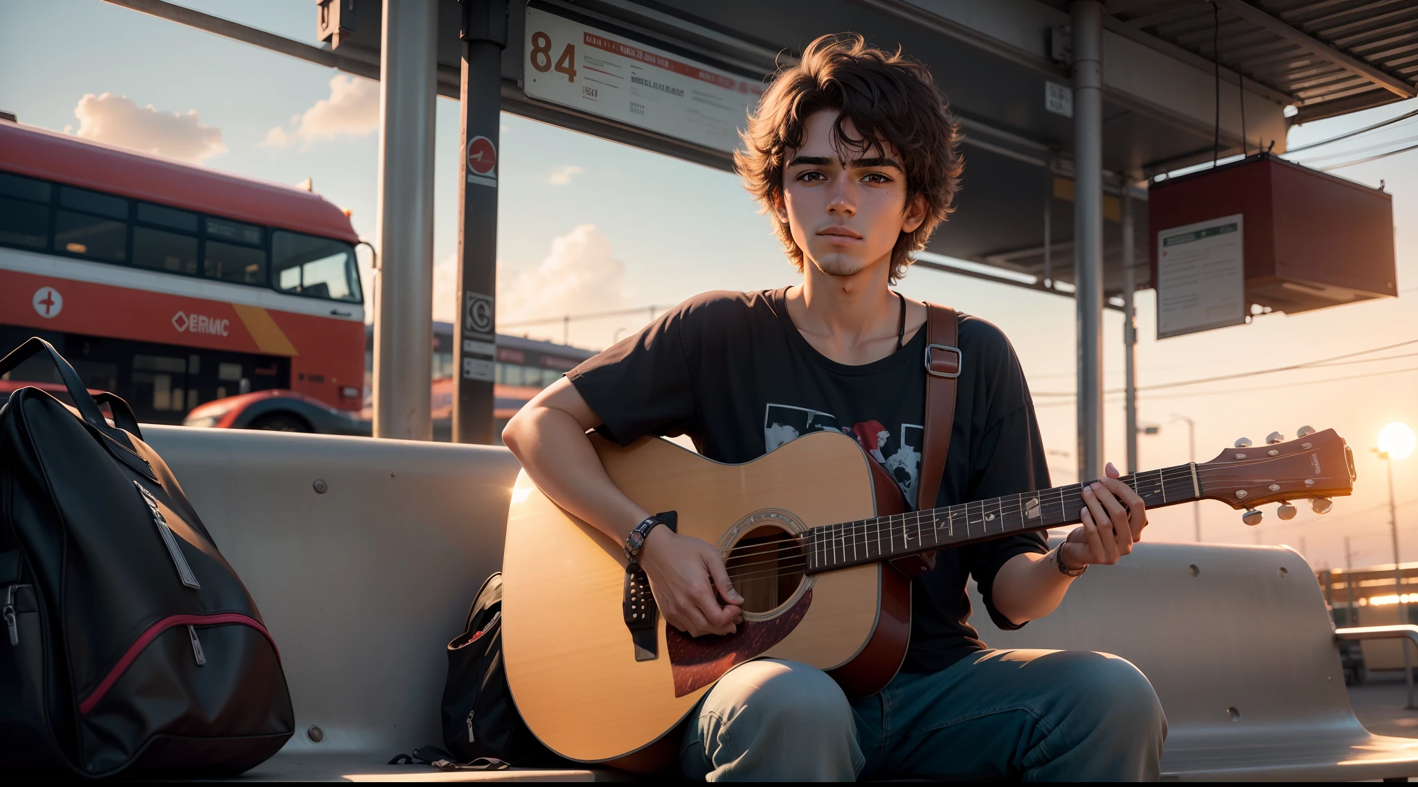 Um jovem de 20 anos com cabelos pretos curtos, Sitting in front of a bus terminal , soio, durante um final de tarde, Play the guitar and watch the sunset, in a realistic image