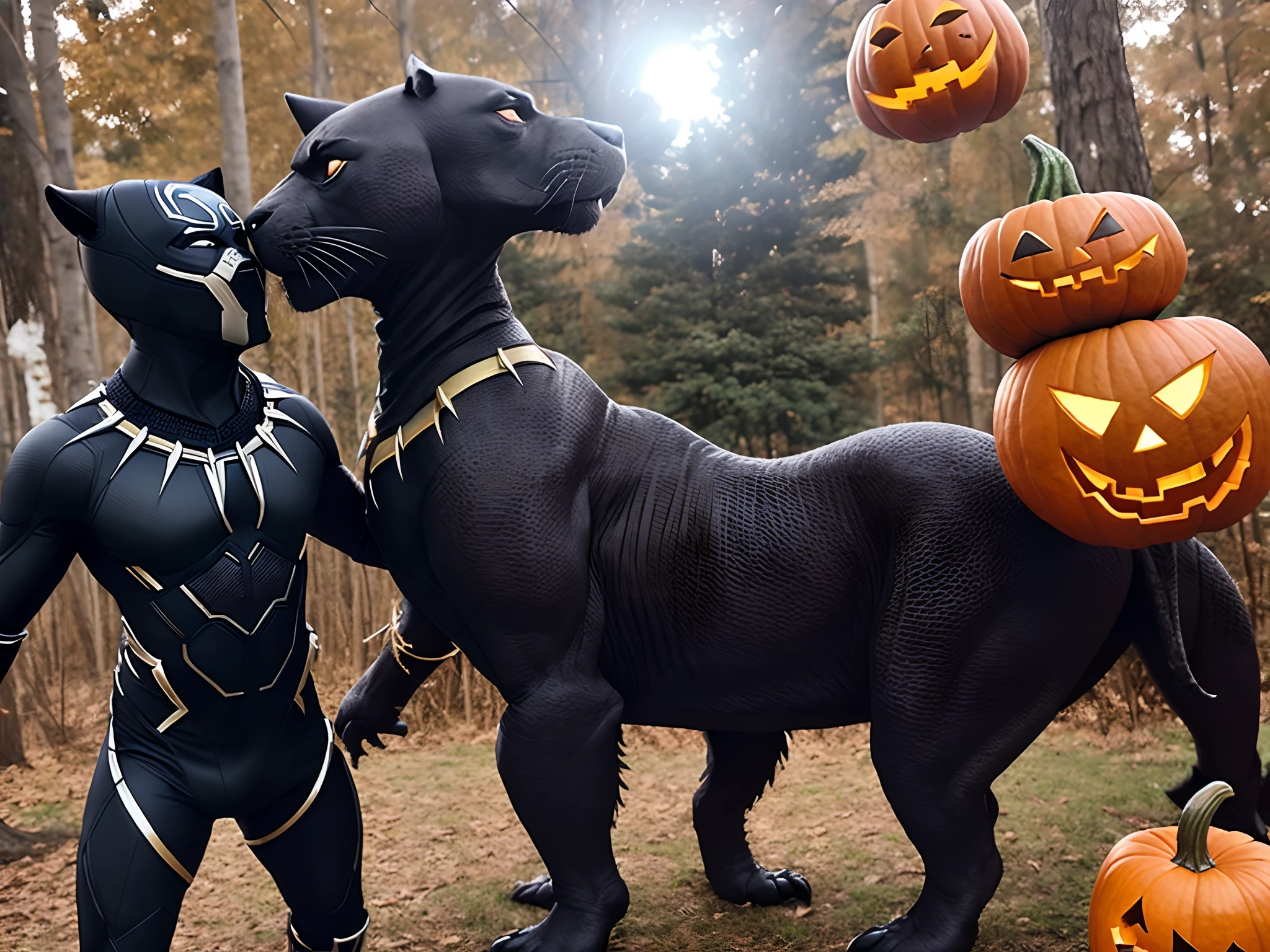 T-rex enjoying Halloween with black panther