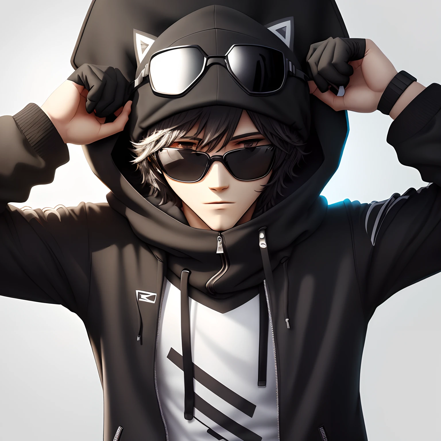 Style d’animation réaliste, dessin animé, anonyme , whit mask and sunglasses black gamer et youtubeur avec lunettes de soleil