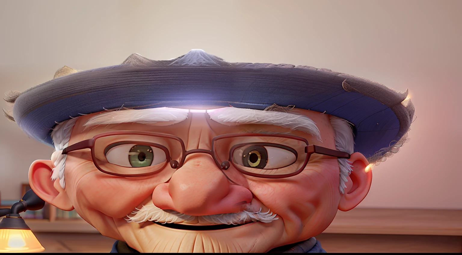 A wise old man standing in front, illuminated by the light of a lamp, against the backdrop of a library