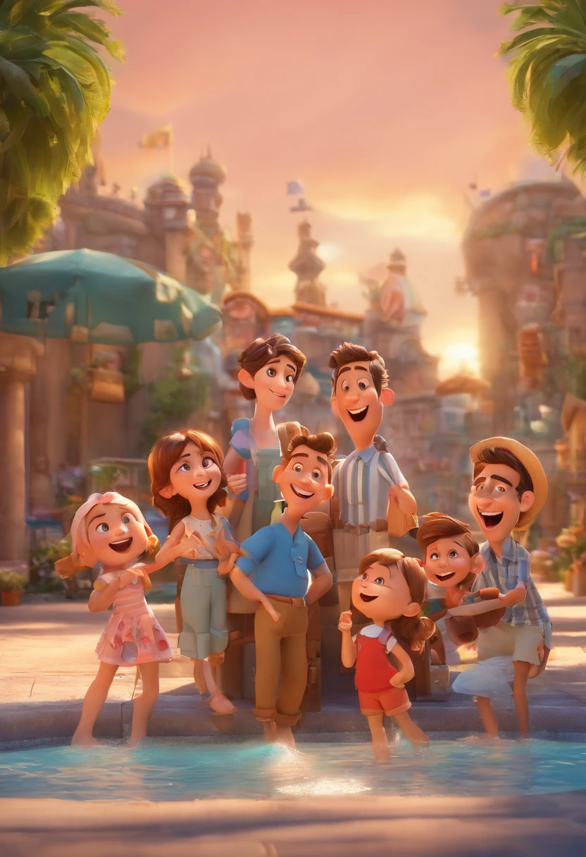 Cartoon of friends having fun on vacation together, 3D Animation Movie Poster, Poster de filme animado, pixar 3 d animation style, pixar renderman rendering, maia 8 mil, animated film, Disney Pixar Estilo 3D, amigos felizes saem juntos, all wearing light blue shirts and cream brown long pants, camisa azul clara, cream brown pants, ao ar livre, vacation, Disney Pixar Animation Poster