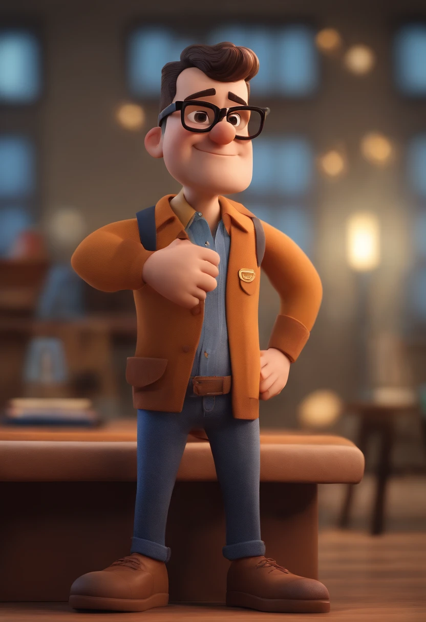 Cartoon character of a man wearing black glasses and a blue shirt, um personagem animado, Caractere estilizado, animation style rendering, 3D estilizado, Arnold Maya render, 3 d render stylized, toon render keyshot, Personagem 3D, Personagem 3D, 3d rendering stylized, 3 d character render, personagem de desenho animado, Personagem de close up, Pose de personagem, (Estilo Pixar) (master part:1.2) (Bokeh) (best quality) (pele detalhada) (textura detalhada) (8k) (argila) (Cinematic lighting) (foco nítido，Senta e vaza a parte superior do corpo