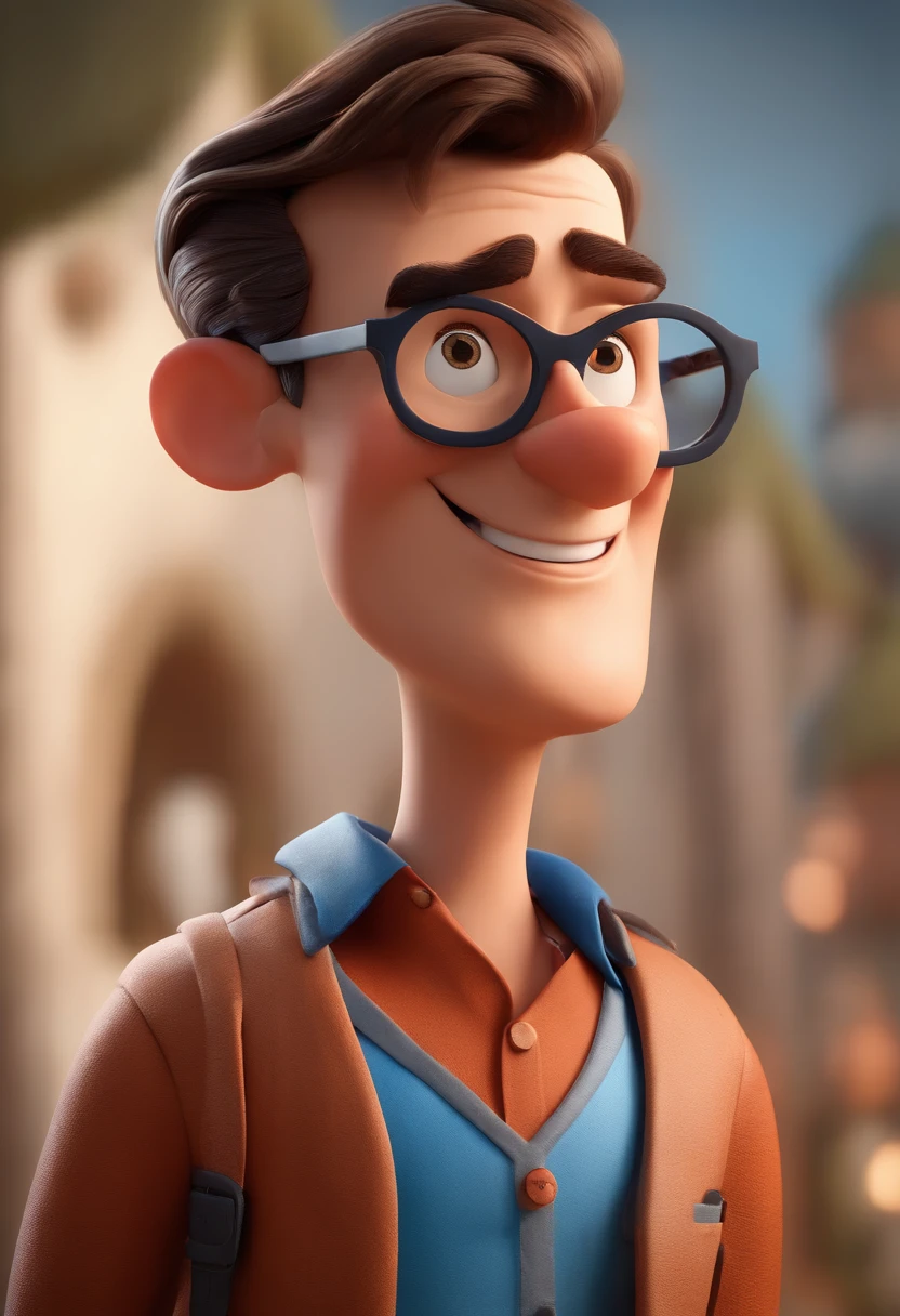 Cartoon character of a man wearing black glasses and a blue shirt, um personagem animado, Caractere estilizado, animation style rendering, 3D estilizado, Arnold Maya render, 3 d render stylized, toon render keyshot, Personagem 3D, Personagem 3D, 3d rendering stylized, 3 d character render, personagem de desenho animado, Personagem de close up, Pose de personagem, (Estilo Pixar) (master part:1.2) (Bokeh) (best quality) (pele detalhada) (textura detalhada) (8k) (argila) (Cinematic lighting) (foco nítido，Senta e vaza a parte superior do corpo