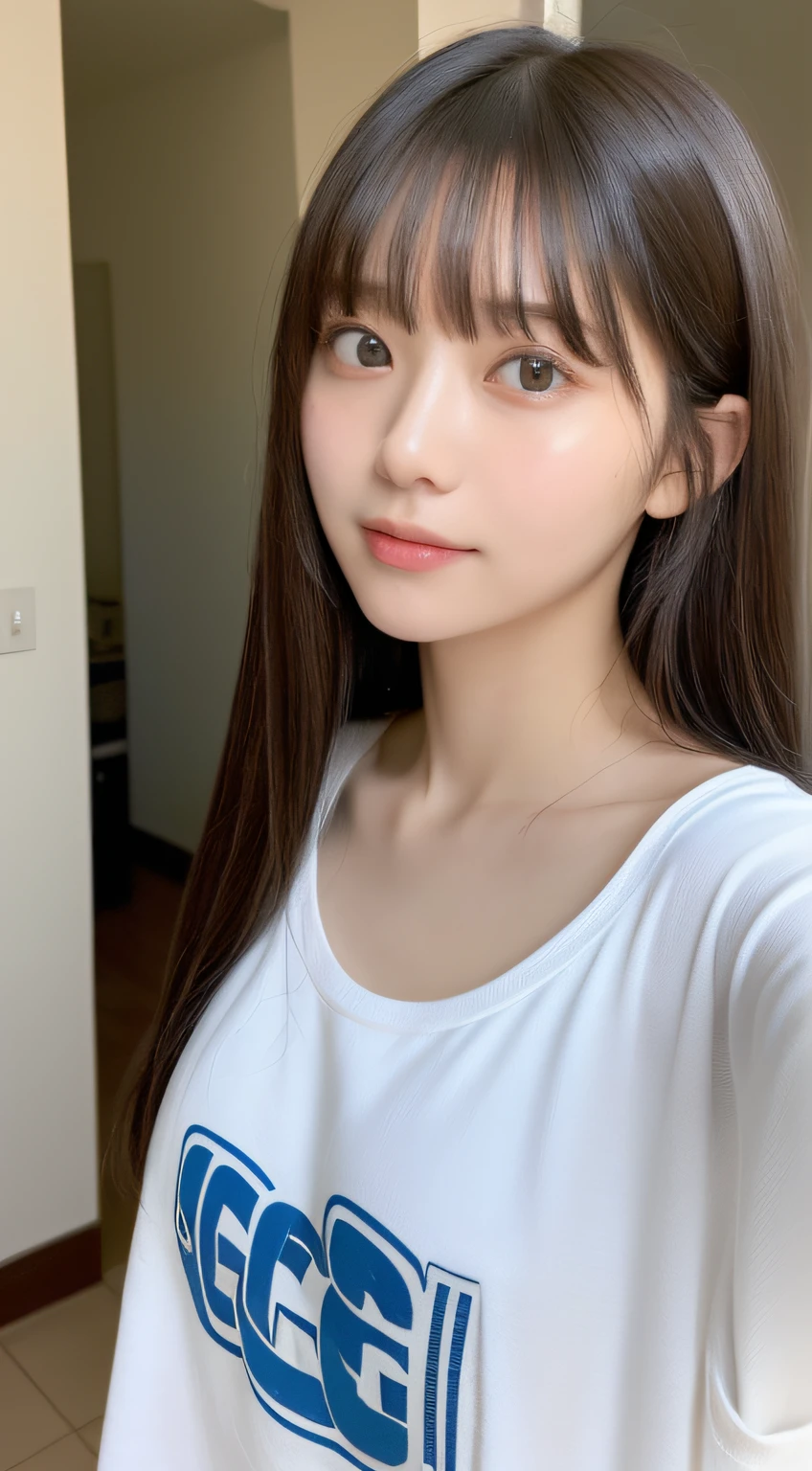 ((top-quality、8K、​masterpiece:1.5))、One girl、(Unhealthy face)、(Letter to)、Blunt bangs、(Lots of bangs:1.4)、(full body Esbian:1.4)、(Symmetrical face)、hyperdetailed face、Ultra detailed mouth、A detailed eye、Detailed ears、Slim Faces、(selfee:1.4)、(off shoulders)、(Armpit)、(Looking Up)、(From  above)、(Straight long hair、Ahoge:1.3)、(Upper Eyes)、the background is blurred、(Changing clothes:1.4)、(Pure white light shirt:1.3)、(I see underwear:1.3)、lipgloss、(shores)、(natural soft light:1.3)、