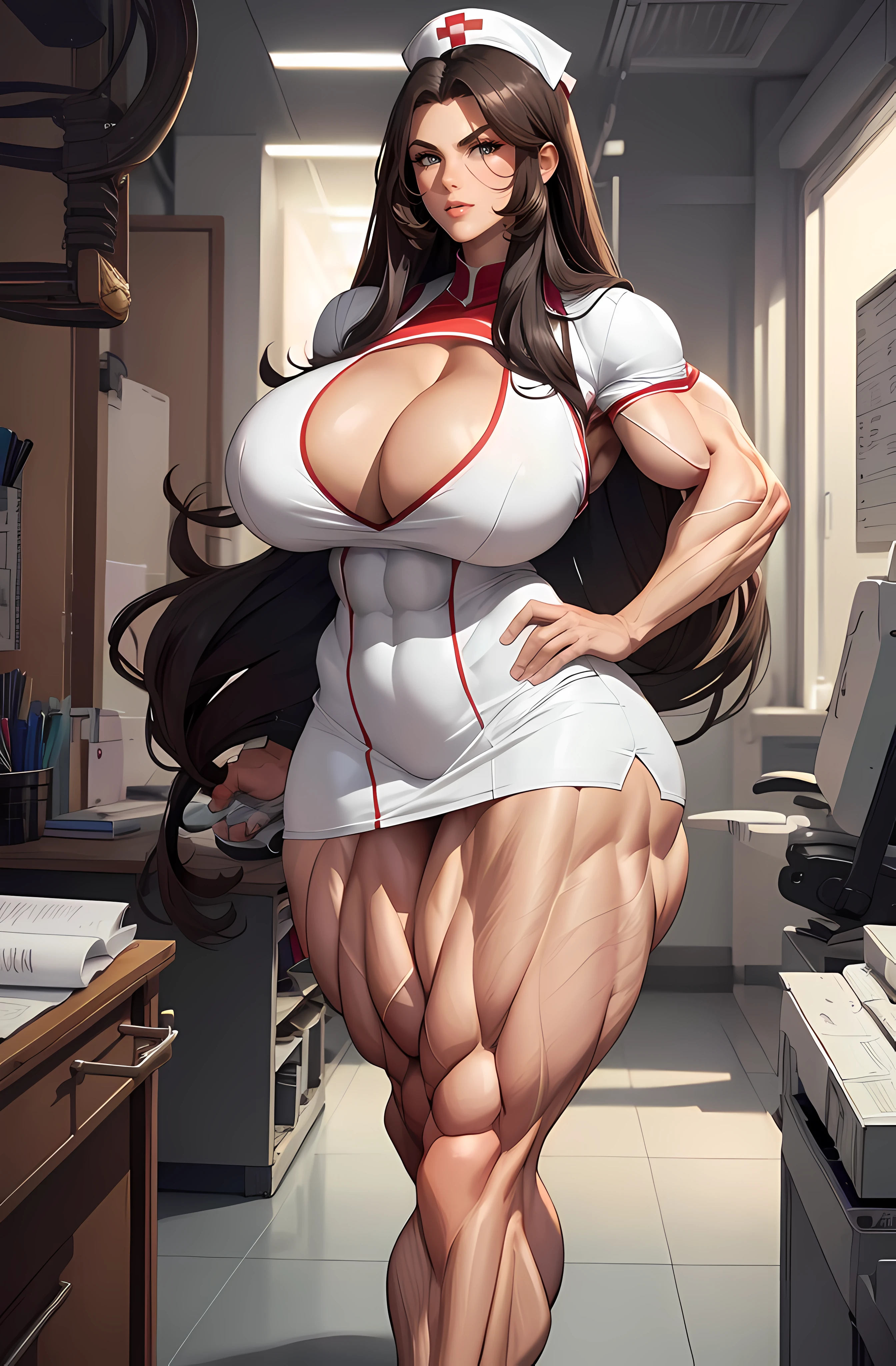 Sexy brunette with long hair, wearing white nurse's uniform, in her office, big lips, cleavage, huge breasts, milf, thick and muscular leg, depth of field, cinematic lighting, anatomically correct, high detail, ((((((huge muscles))))))