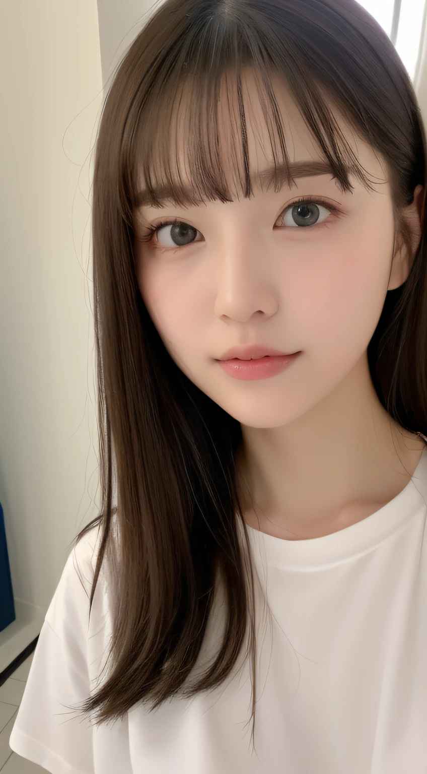 ((highest quality、8k、masterpiece:1.5))、One Girl、(To the letter)、Blunt bangs、(Lots of vans:1.3)、(whole body:1.4)、(Symmetrical face)、Ultra detailed face、Very sophisticated mouth、Detailed eyes、Detailed ears、Slim face、(Selfie:1.3)、(look up)、(From above)、(Black straight long hair、Ahoge:1.3)、(Upward glance)、The background is blurred、(Details T-shirt:1.2)、(No bra with attention to detail:1.05)、(Hunchback:1.8)、Lip gloss、(Private room)、(Turn off the lights)、Exposing cleavage、On the bed、See-through nipples、(A tongue made with attention to detail)、Sticking out tongue