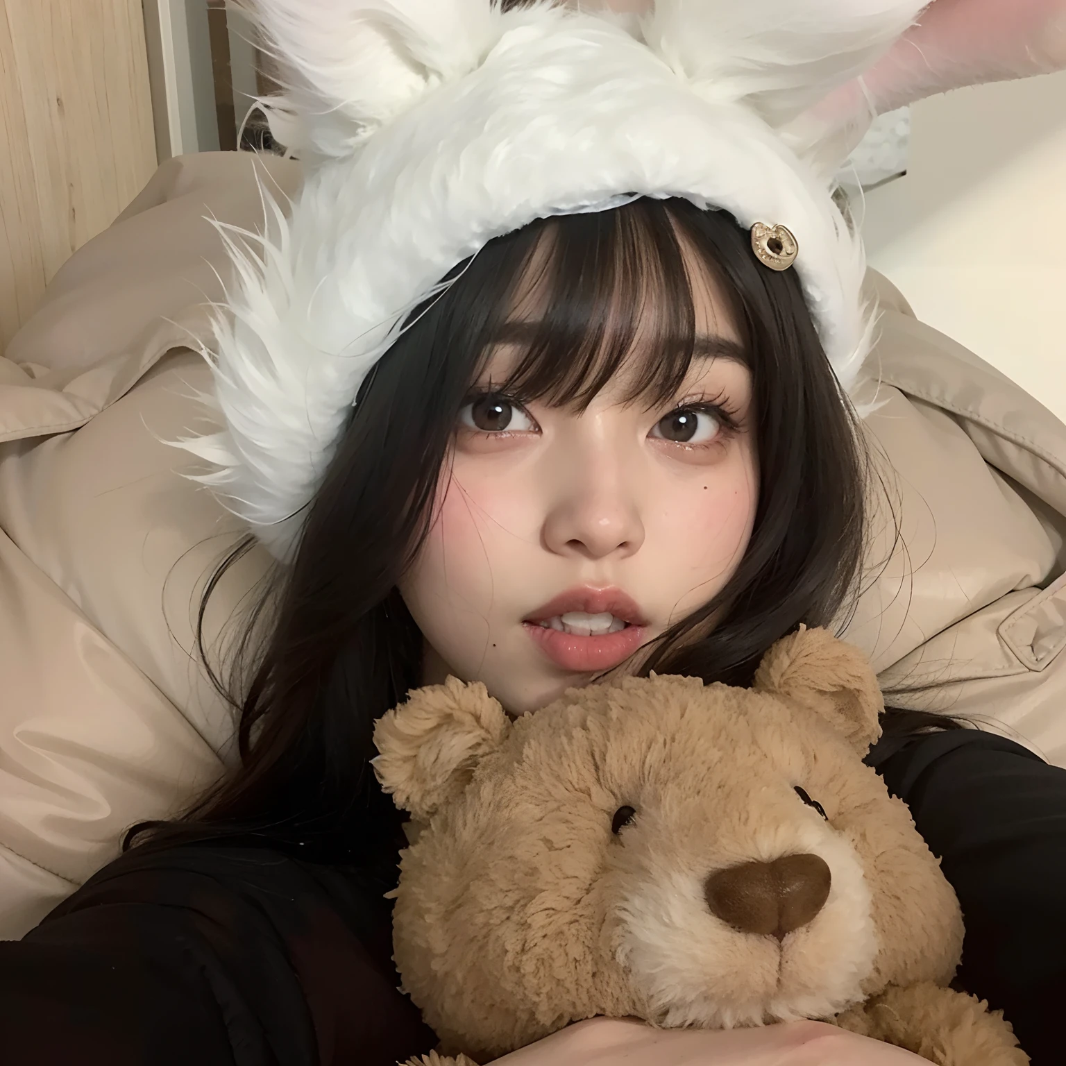araffe wearing a furry hat and a furry coat, kemonomimi, shikamimi, with long floppy rabbit ears, belle delphine, ulzzang, very beautiful cute catgirl, with bunny ears, with big rabbit ears, anime girl in real life, female furry mini cute style, chiho, 1 8 yo, nekomimi