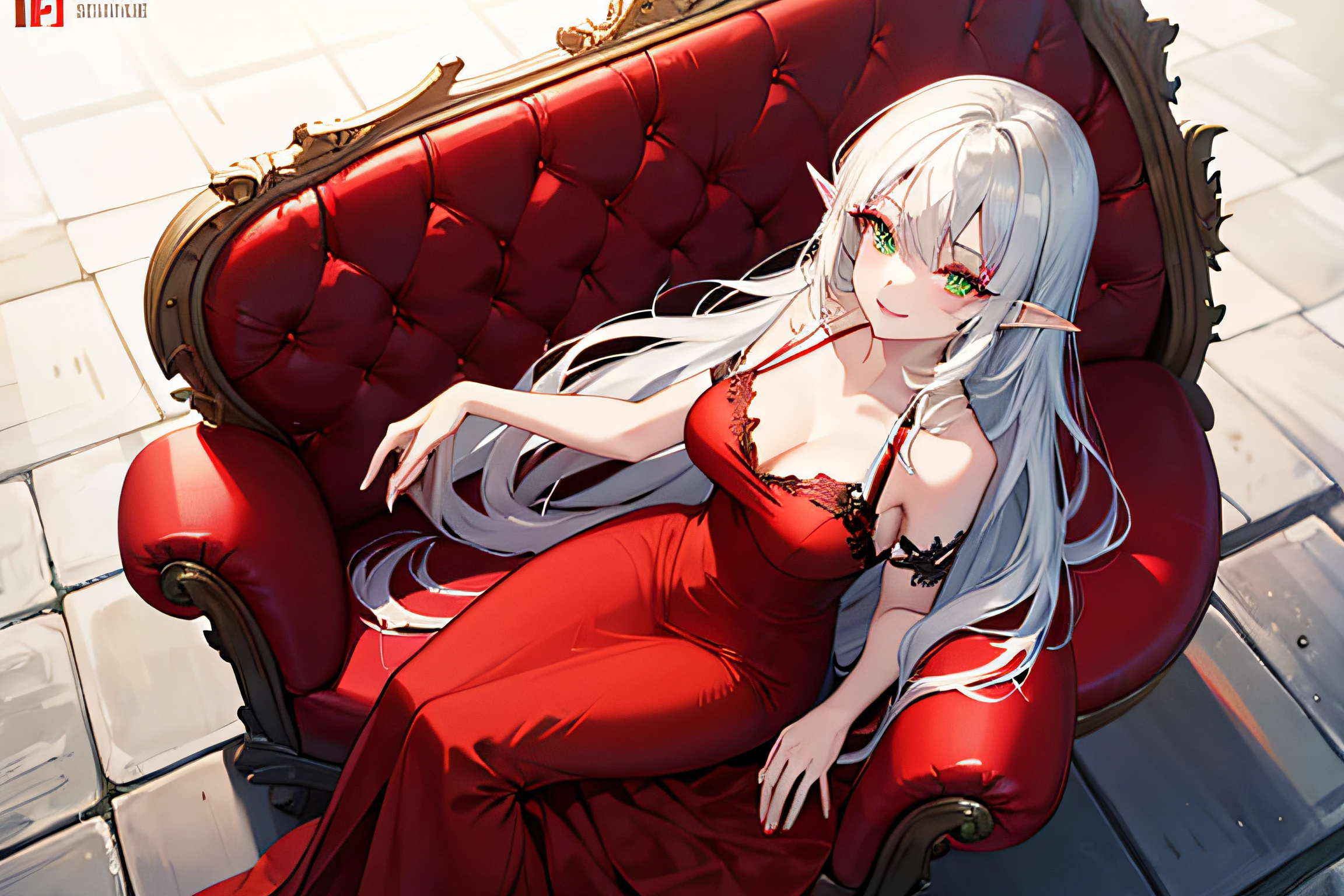 ((Hi res, HDR, HD, 4K, 8k)), 1 girl, seated looking up, beautiful mature woman , extremely very very long hair over body, lovely smile, glowing green eyes, big iris, red lipstick, make up red eyeshadow and black eyeliner, long eyelashes, perfect face, perfect hands, perfect arms, pointy ears, bar background, white hair, long red dress