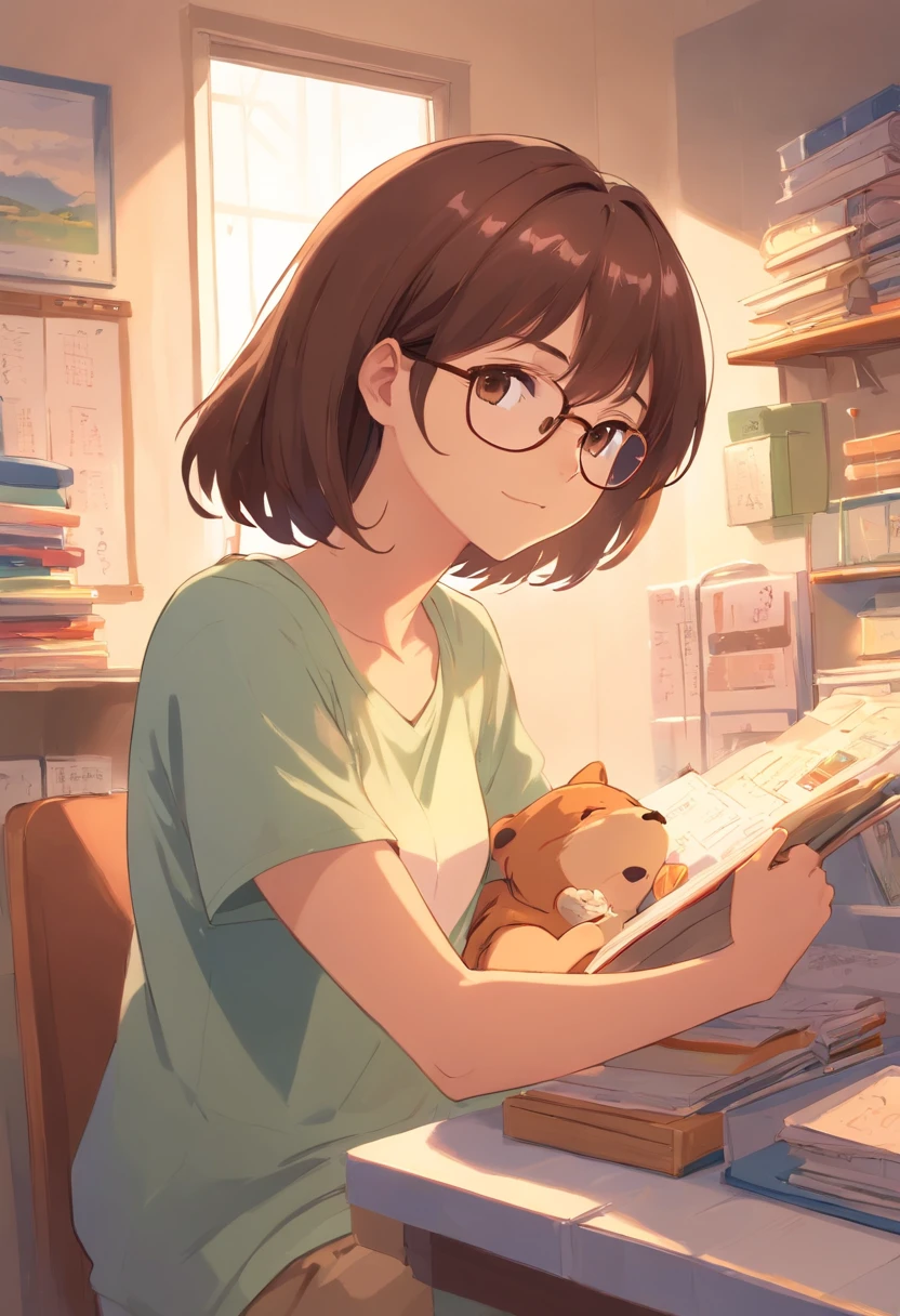 a mother, glasses, brown hair, franja, roupas marrons, segurando sua menina, cabelos pretos longos, franja, newborn clothes, nursery