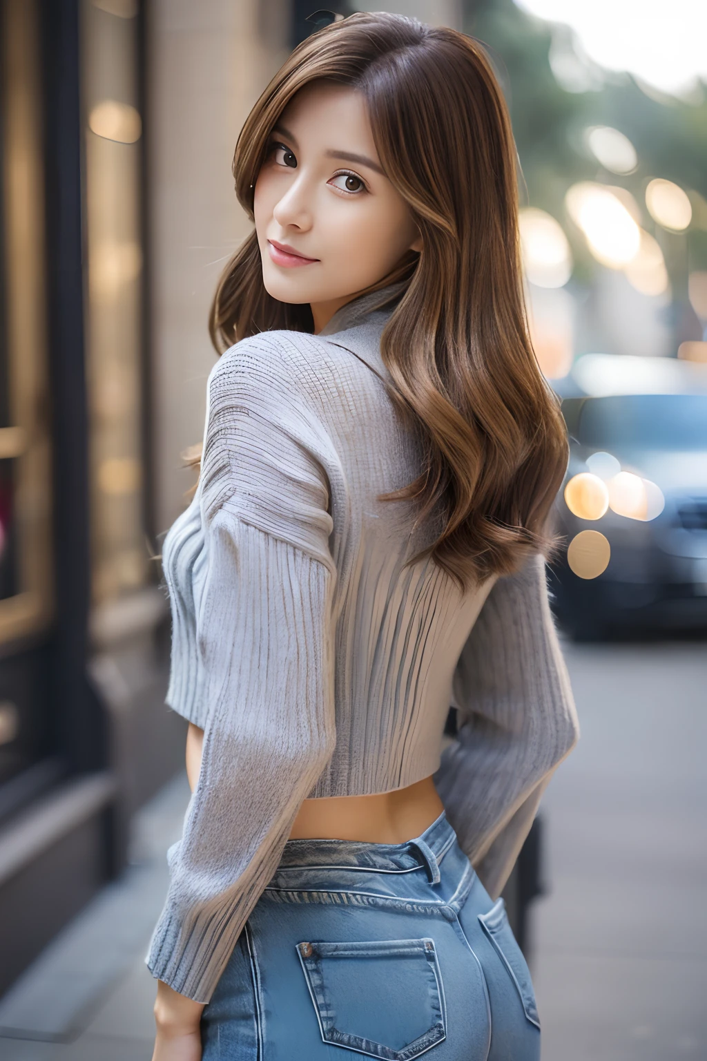 ((top-quality、in 8K、masterpiece:1.3))、foco nítido:1.2、Beautiful woman perfect body:1.4、Slim abs:1.2、((Rob Heyer、straight haired:1.2))、(Gray knitwear、denim:1.1)、(Sateen、a street:1.2)、wetbody:1.5、Three-dimensional texture、A detailed eye、Brown hair、Very shiny hair、posterior view、Hair quality improvement