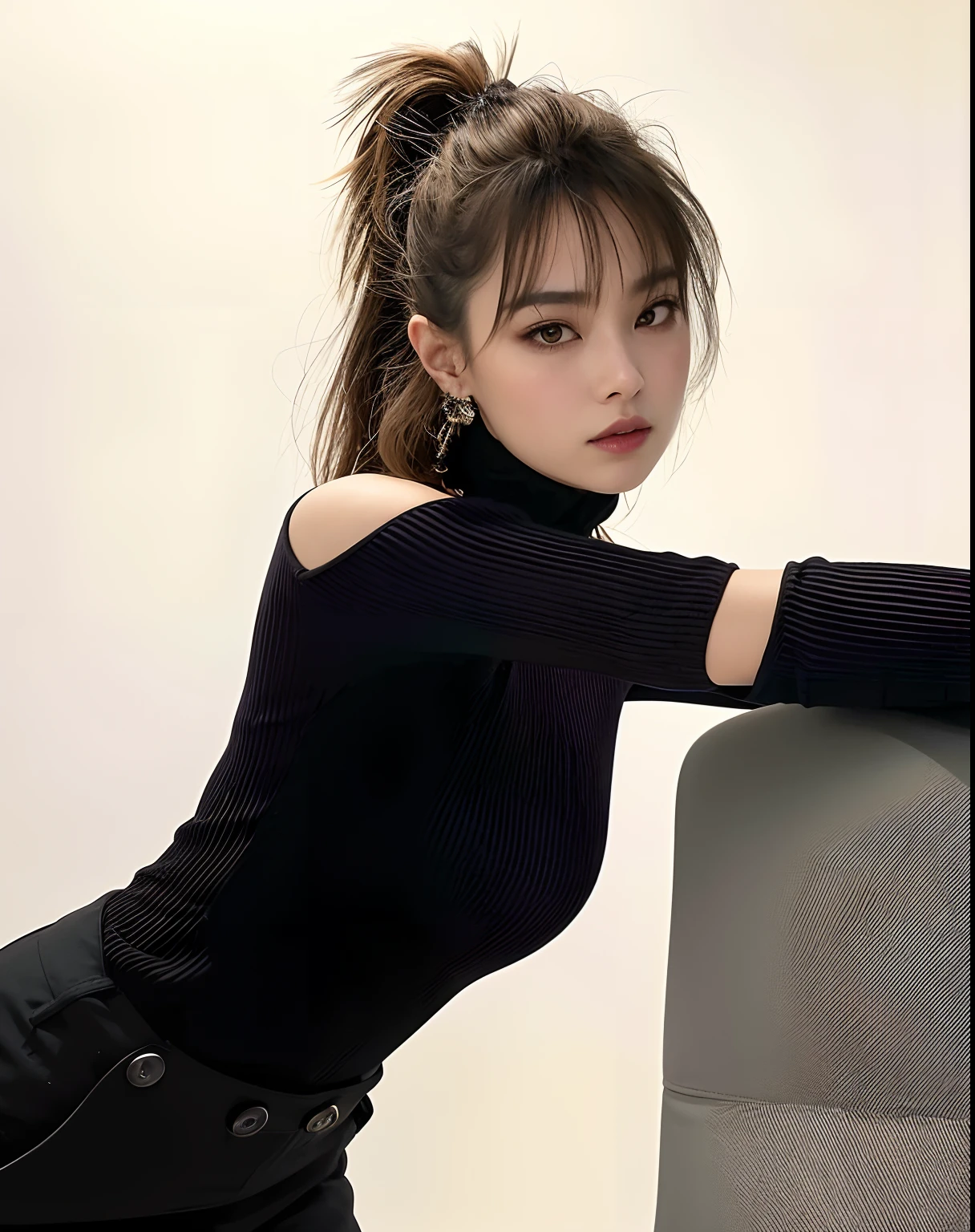 Araffe woman leaning on a chair with her arm on the back of the chair, dilraba dilmurat, linda senhora, tampo preto, linda mulher coreana jovem, Modelo de moda feminina coreana, Lalisa Manobal, Mulher sul-coreana bonita, menina coreana, roupas pretas estanques, preto, jennie pretopink, com preto, usando roupas pretas apertadas