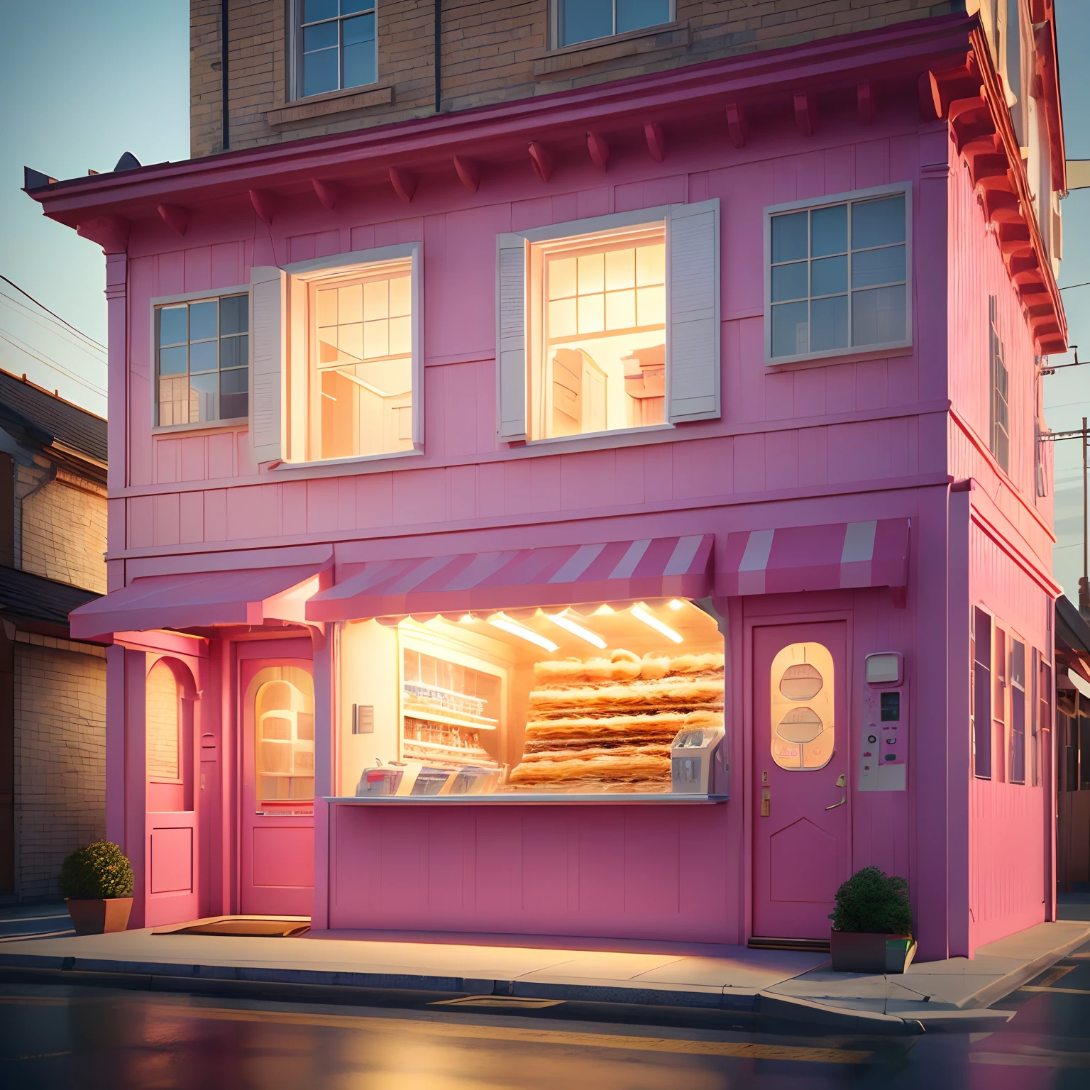 Cotton candy machine and popcorn machine、There is a five-story building in pink and white.、There are a lot of donuts on it, cute 3d render, kawaii hq render, Beautiful bakery, Fancy Bakery, 3D rendering stylized, 3D rendering stylized, Stylized as a 3D rendering, Beautiful detailed digital art, In a Sweet Earth Style House, super detailed render, Fisher! C4D、smooth lines、Clay material