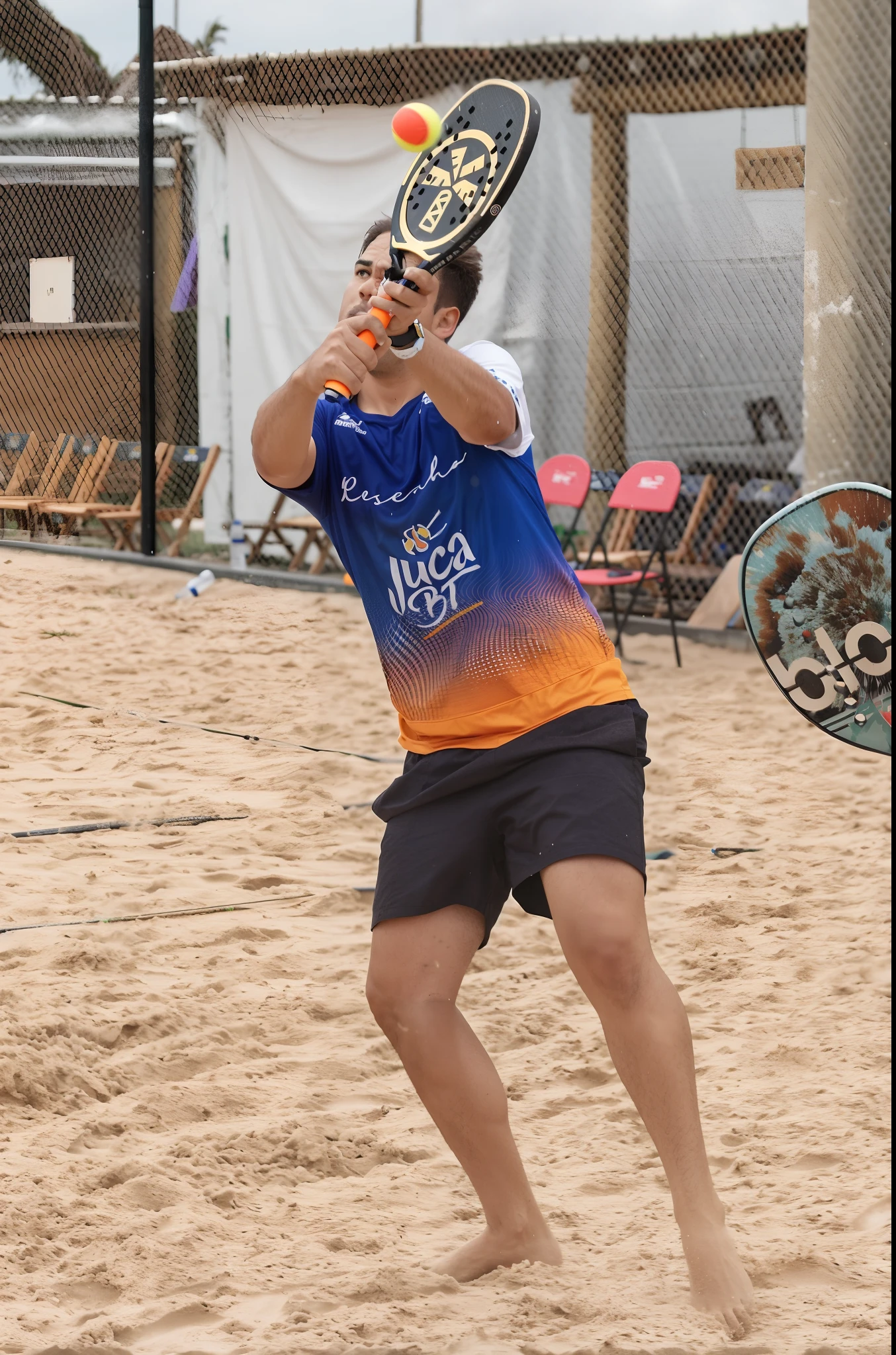 There's a man holding a tennis racket and a ball, beach tennis, action shot, Non-centralized shooting, dynamic action shot, Remo e bola, Action shots, bottom angle, cool looking, torneio, mana shooting from his hands, epic action shot, segurando maracas, Detalhe intenso, mid-level shooting, tiro focado, mid action swing, tiro centralizado