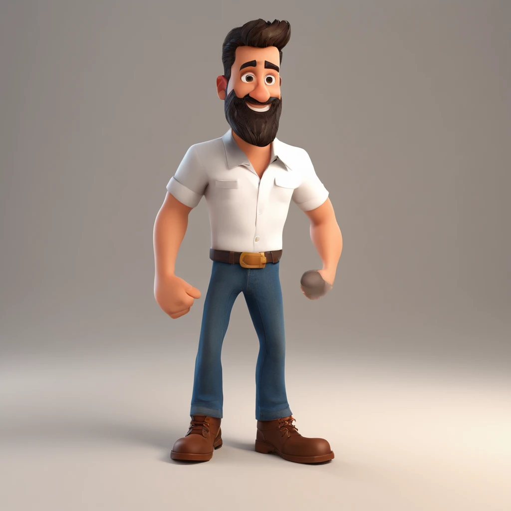 Criar um personagem no estilo Pixar. Trata-se de um homem de 30 anos, com barba, Branco, com cabelos castanhos curtos e um quiff, e olhos castanhos. Ele deve estar na frente de um computador, Trabalhar como designer