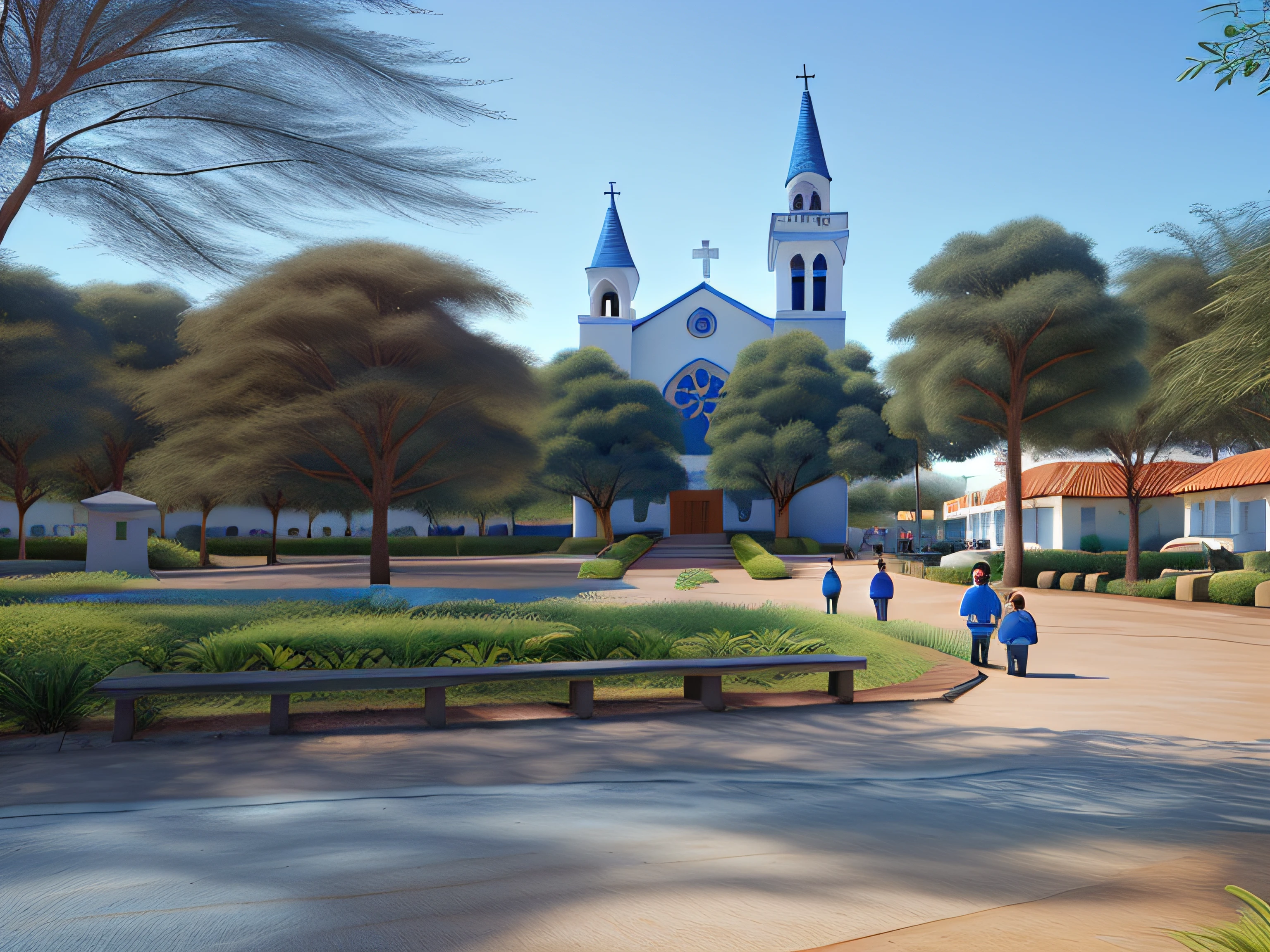 criar uma imagem no modelo pixar no mesmo estilo e detalhes e caracteristicas da foto, THE COLOR OF THE CHURCH IS BLUE