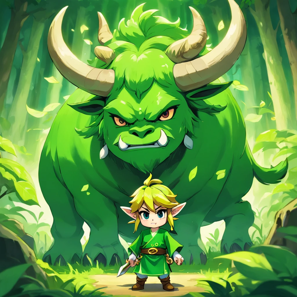 The Great Green Demon King Youkai has appeared，And stared at the little boy and the cow