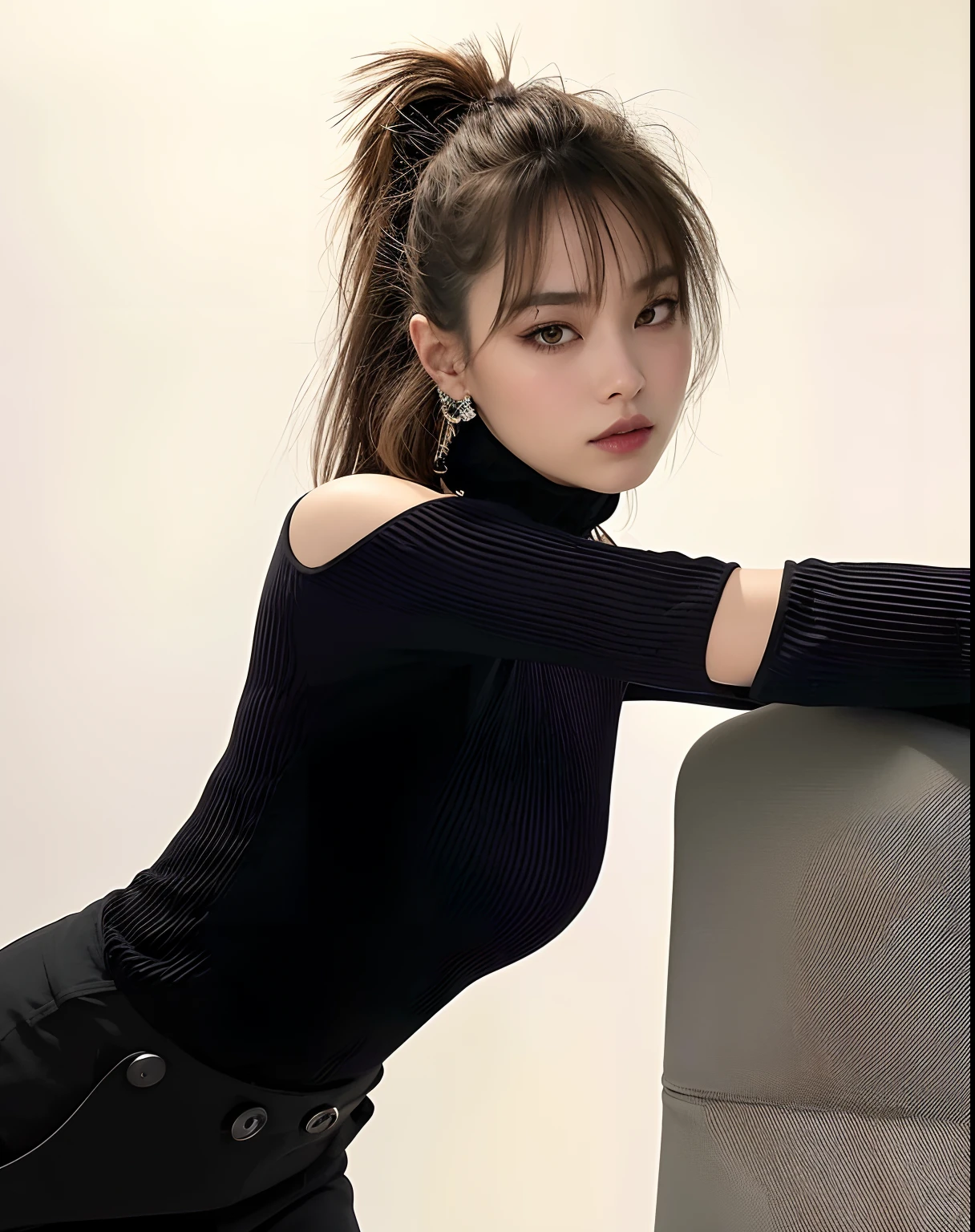 Araffe woman leaning on a chair with her arm on the back of the chair, dilraba dilmurat, linda senhora, tampo preto, linda mulher coreana jovem, Modelo de moda feminina coreana, Lalisa Manobal, Mulher sul-coreana bonita, coreana, roupas pretas estanques, preto, jennie pretopink, com preto, usando roupas pretas apertadas
