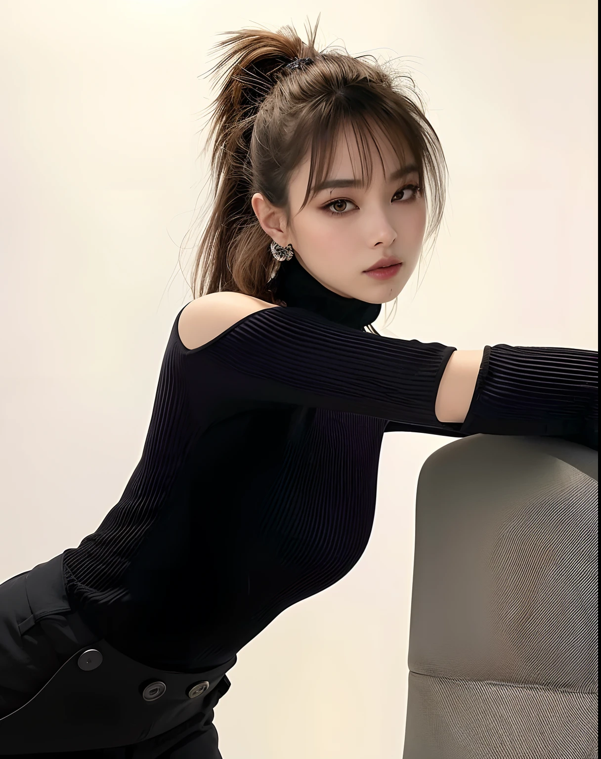 Araffe woman leaning on a chair with her arm on the back of the chair, dilraba dilmurat, linda senhora, tampo preto, linda mulher coreana jovem, Modelo de moda feminina coreana, Lalisa Manobal, Mulher sul-coreana bonita, menina coreana, roupas pretas estanques, preto, jennie pretopink, com preto, usando roupas pretas apertadas