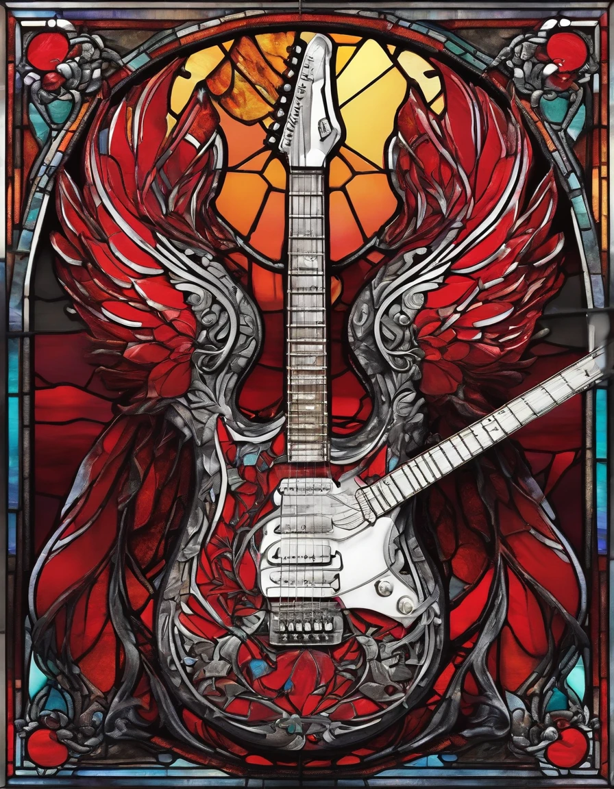 electric guitar in black half mask, Big demon Wings, short reveling red Dress, not Innocence