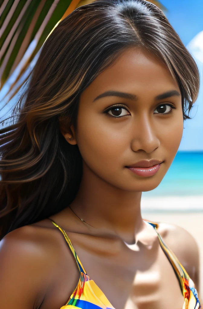 (best quality,ultra-detailed,realistic),photorealistic,1girl,timor,wearing animal pattern bikini,angelicagr:1.1,beautiful detailed eyes,beautiful detailed lips,extremely detailed face,long eyelashes,beach background,bright sunlight,golden sand,crystal clear water,tropical paradise,vivid colors,strong contrast,soft lighting,beach vacation,exotic atmosphere