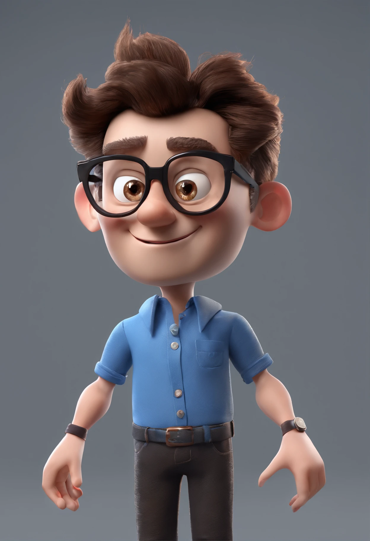 Cartoon character of a man with black glasses and a blue shirt, animation character, Caractere estilizado, animation style rendering, 3D estilizado, Arnold Maya render, 3 d render stylized, toon render keyshot, Personagem 3D, Personagem 3D, 3d rendering stylized, 3 d character render, personagem de desenho animado, Personagem de close up, Pose de personagem,  (Estilo Pixar) (master part:1.2) (Bokeh) (best quality) (pele detalhada) (textura detalhada) (8k) (argila) (Cinematic lighting) (foco nítido