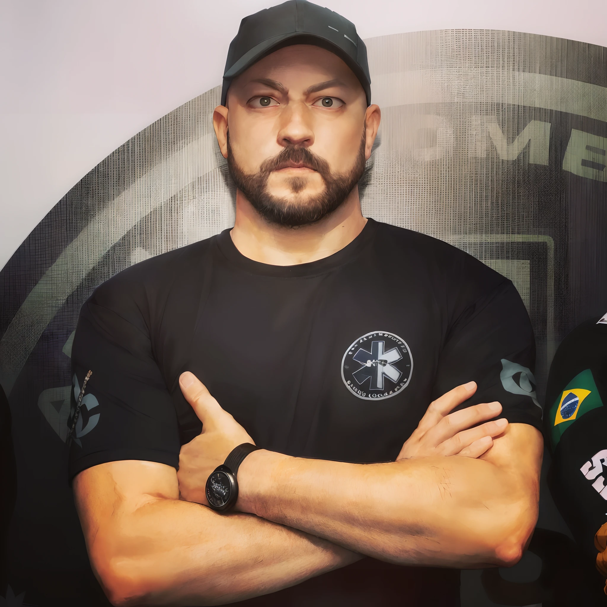 There is a man with a beard and cap with his arms crossed, Corpo de Ernest Khalimov, Andrey Surnov, Tomasz Strzalkowski, ástor alexander, Retrato de Ernest Khalimov, david rios ferreira, Sam Hyde, pronto para o combate, Tuomas Korpi e Wlop, Vitaly Bulgarov, Andrei Tarkovsky