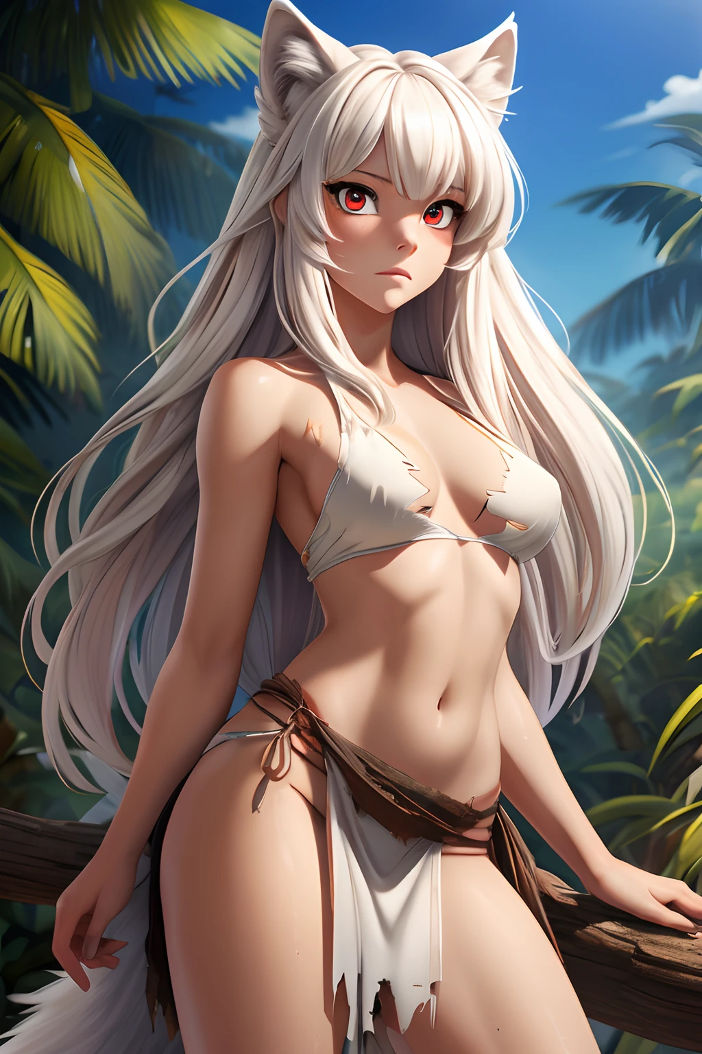 White Wolf Girl, albino, Goddess of the Forest, Anthropomorphic female wolf, There is a wolf's tail, furry wolf, Wolf Features, Long messy hair and long bangs, Beautiful cute face, A cautious expression on his face, caution, distrust, Facing the camera, cos: covered with wolf hair, Skin color: white, sweaty body, mud on tel, Body glare, Scarred body, tanned body, ((pretty eyes)), red-eyes, ((Perfect Sexy Figure)), Ideal body shapes, big thighs, ((Subtle and beautiful)), ((Savage Clothes: The loincloth is torn and dirty, ripped and dirty top)), Sexually seductive standing position, Full-length, background: wild jungle desert island sunset, Depth of field, ((ultra quality)), ((tmasterpiece)), clear image, crisp details, Realistic, Professional Photo Session, Clear Focus, the anime, Colorfully drawn, NSFW