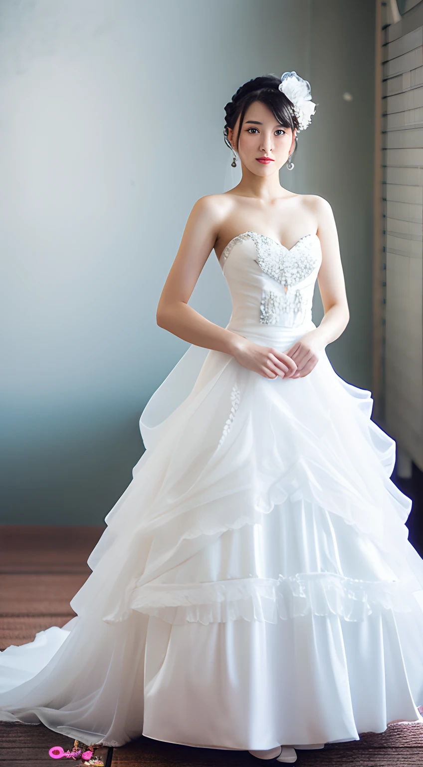 Japan Female, 26 years old。Photo taken alone。wedding photos。Wearing a long wedding dress.、Hairstyle updo。No hair ornaments。Full body photo against the background of a white wall。Hands stacked in front of each other。Portrait-like composition in full body pose。Close your eyes and look down diagonally。More realistic。